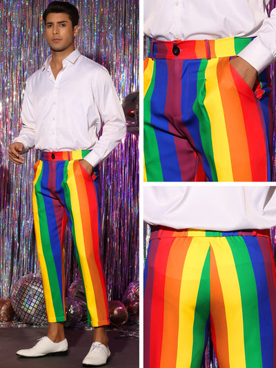 Rainbow Striped Dress Pants for Men's Regular Fit Flat Front Cropped Trousers