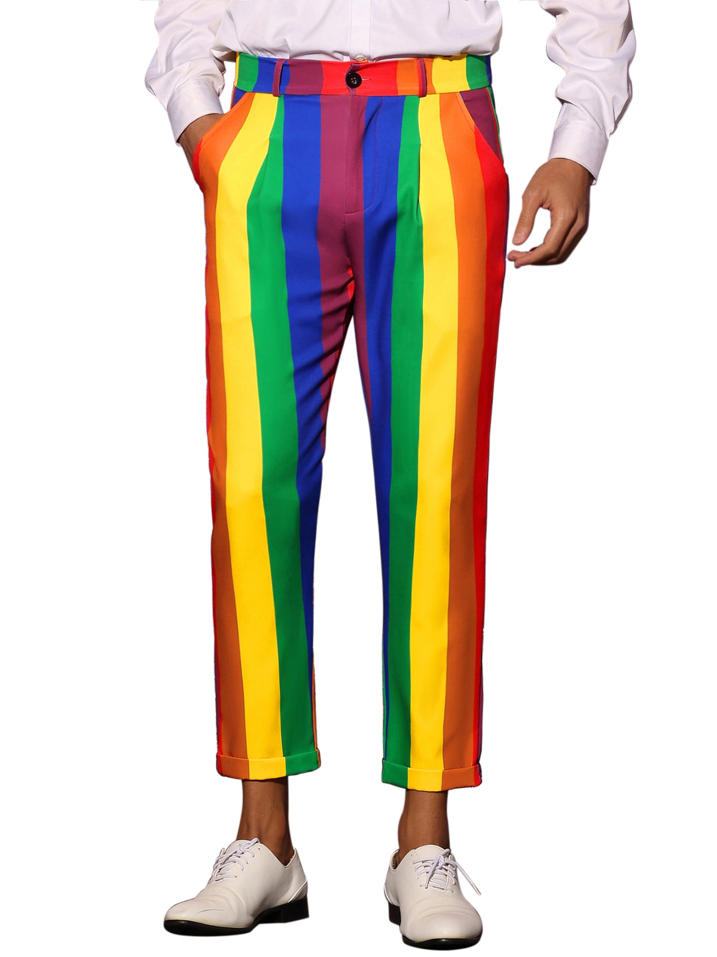 Bublédon Rainbow Striped Dress Pants for Men's Regular Fit Flat Front Cropped Trousers