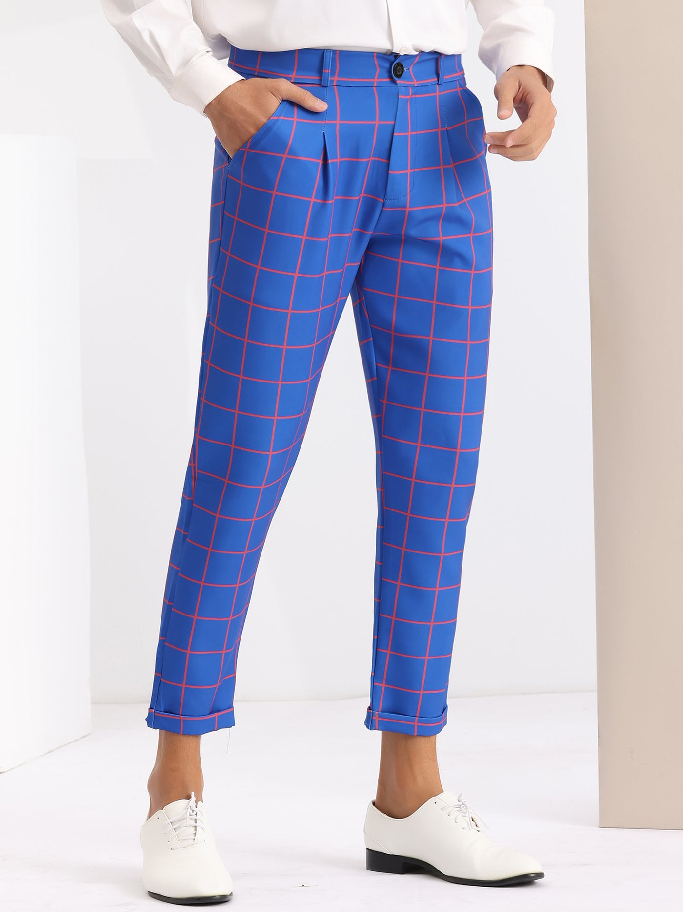 Bublédon Plaid Dress Pants for Men's Ankle Length Flat Front Checked Cropped Trousers