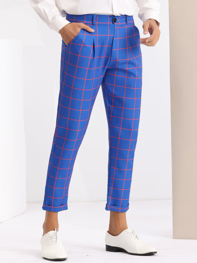 Plaid Dress Pants for Men's Ankle Length Flat Front Checked Cropped Trousers