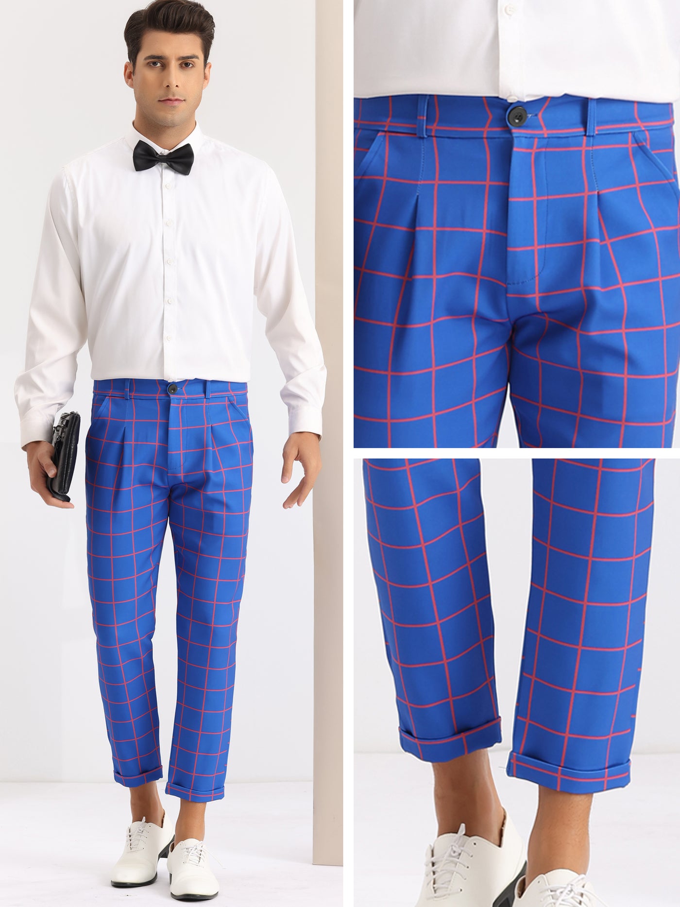 Bublédon Plaid Dress Pants for Men's Ankle Length Flat Front Checked Cropped Trousers