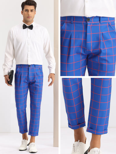 Plaid Dress Pants for Men's Ankle Length Flat Front Checked Cropped Trousers