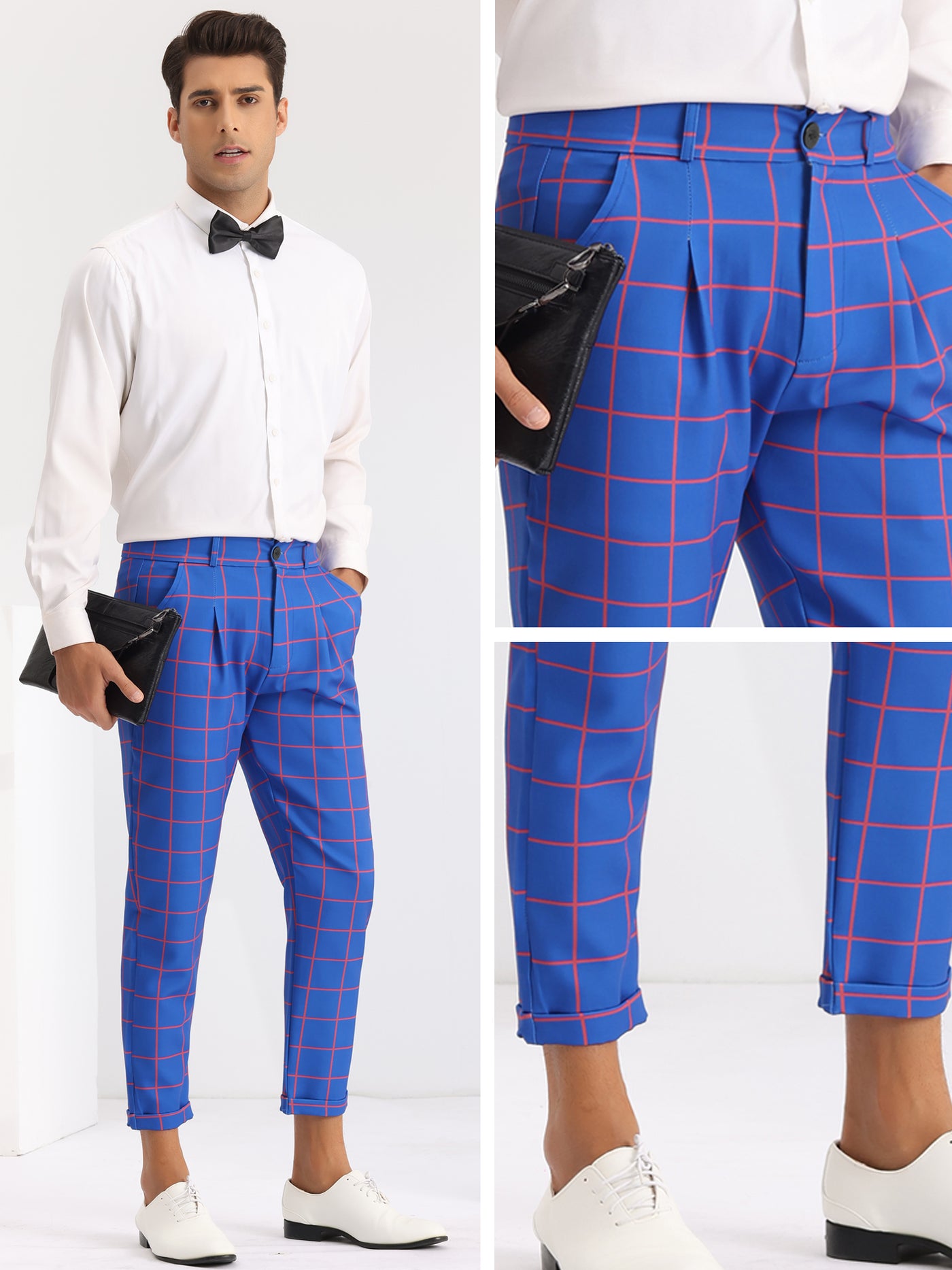 Bublédon Plaid Dress Pants for Men's Ankle Length Flat Front Checked Cropped Trousers