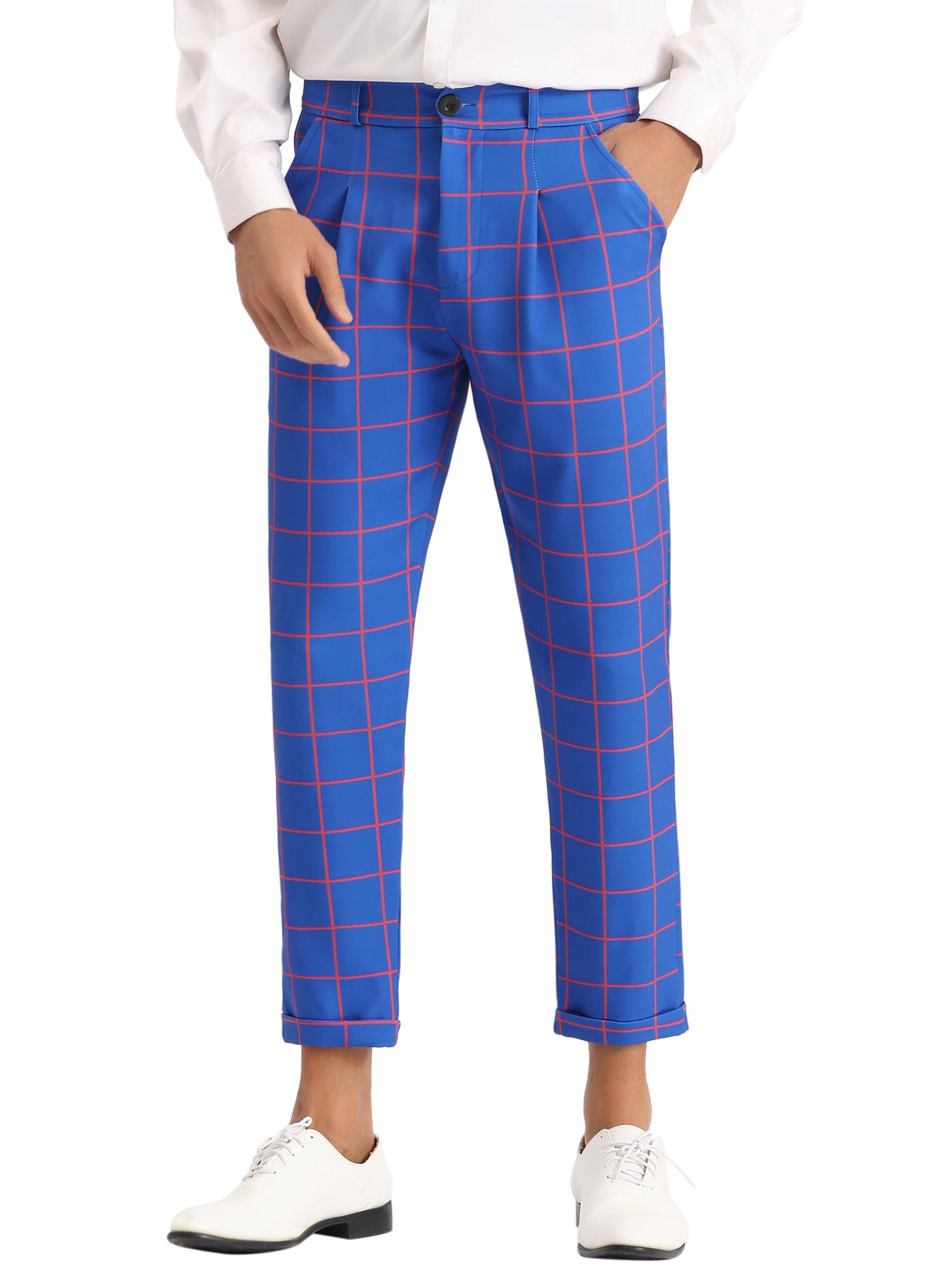 Bublédon Plaid Dress Pants for Men's Ankle Length Flat Front Checked Cropped Trousers