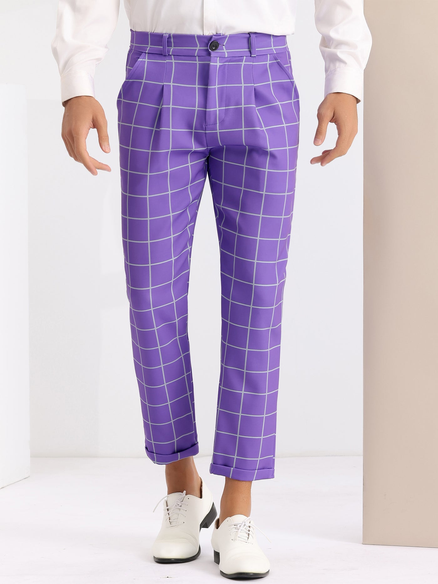 Bublédon Plaid Dress Pants for Men's Ankle Length Flat Front Checked Cropped Trousers