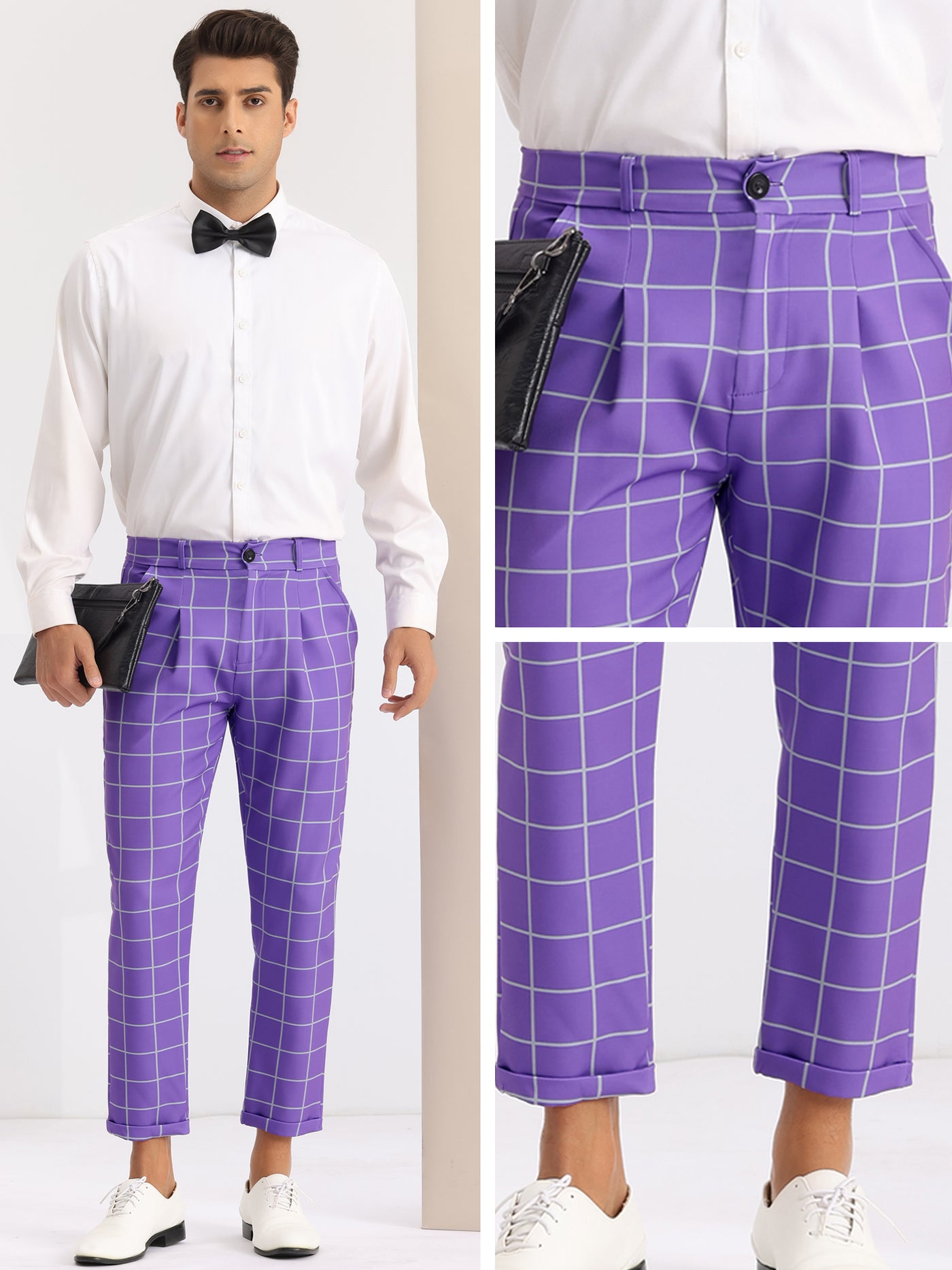 Bublédon Plaid Dress Pants for Men's Ankle Length Flat Front Checked Cropped Trousers