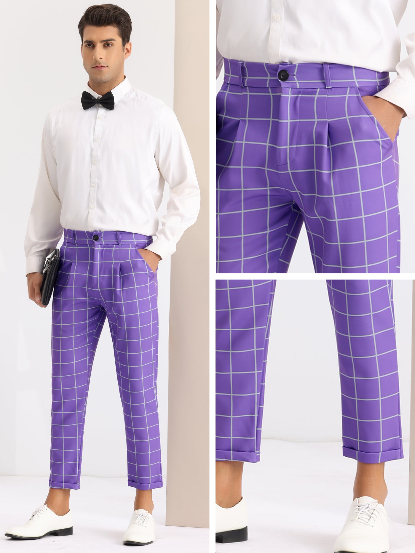 Bublédon Plaid Dress Pants for Men's Ankle Length Flat Front Checked Cropped Trousers