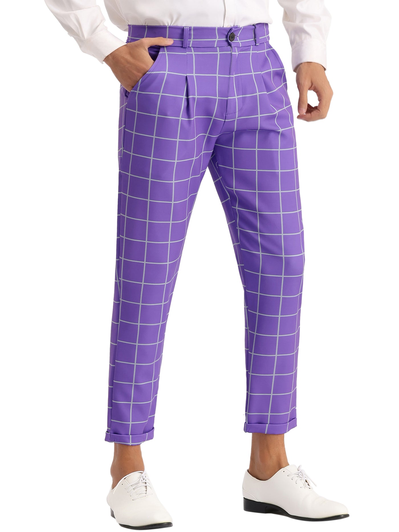 Bublédon Plaid Dress Pants for Men's Ankle Length Flat Front Checked Cropped Trousers