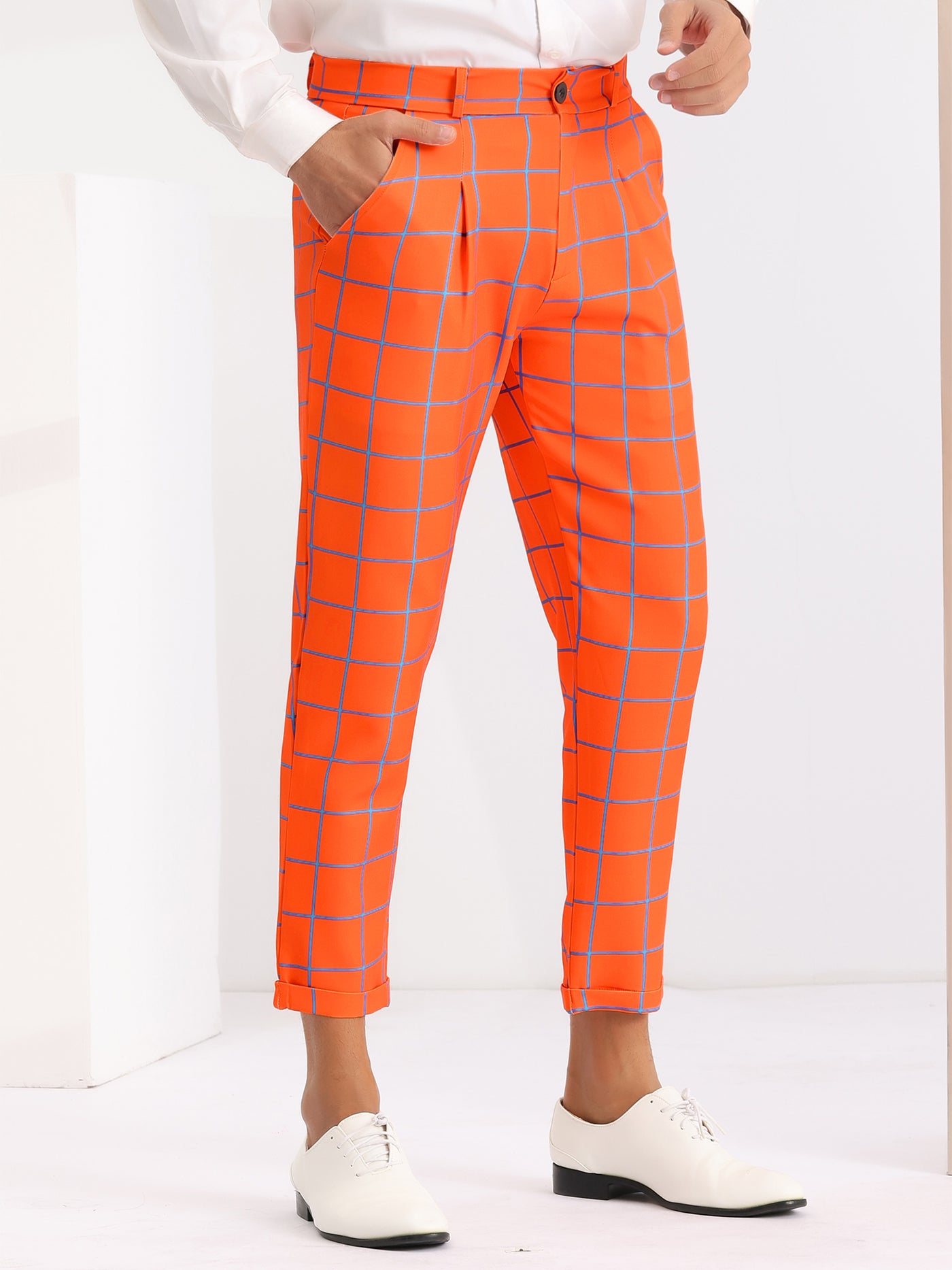 Bublédon Plaid Dress Pants for Men's Ankle Length Flat Front Checked Cropped Trousers