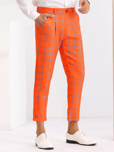 Plaid Dress Pants for Men's Ankle Length Flat Front Checked Cropped Trousers