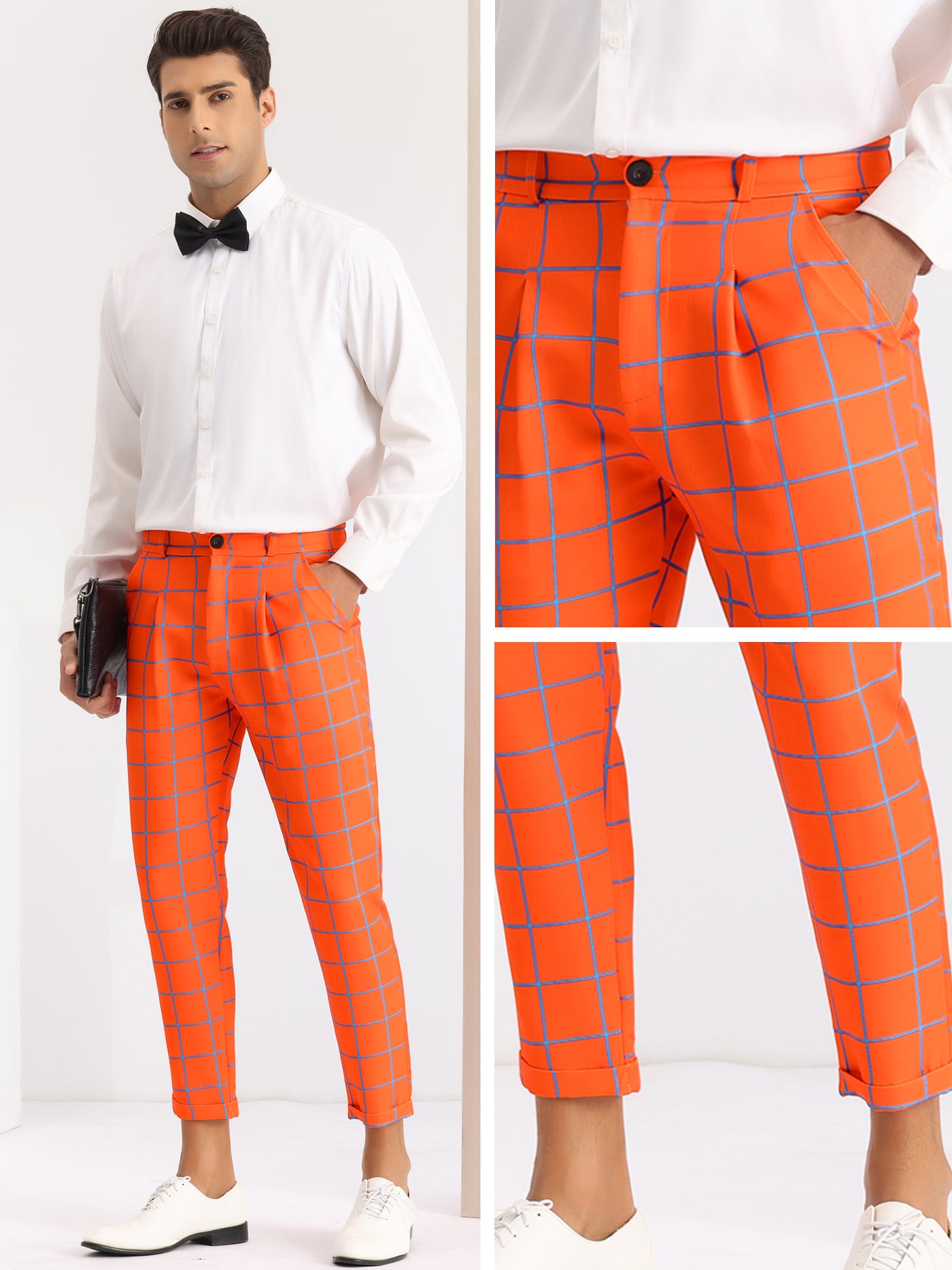 Bublédon Plaid Dress Pants for Men's Ankle Length Flat Front Checked Cropped Trousers