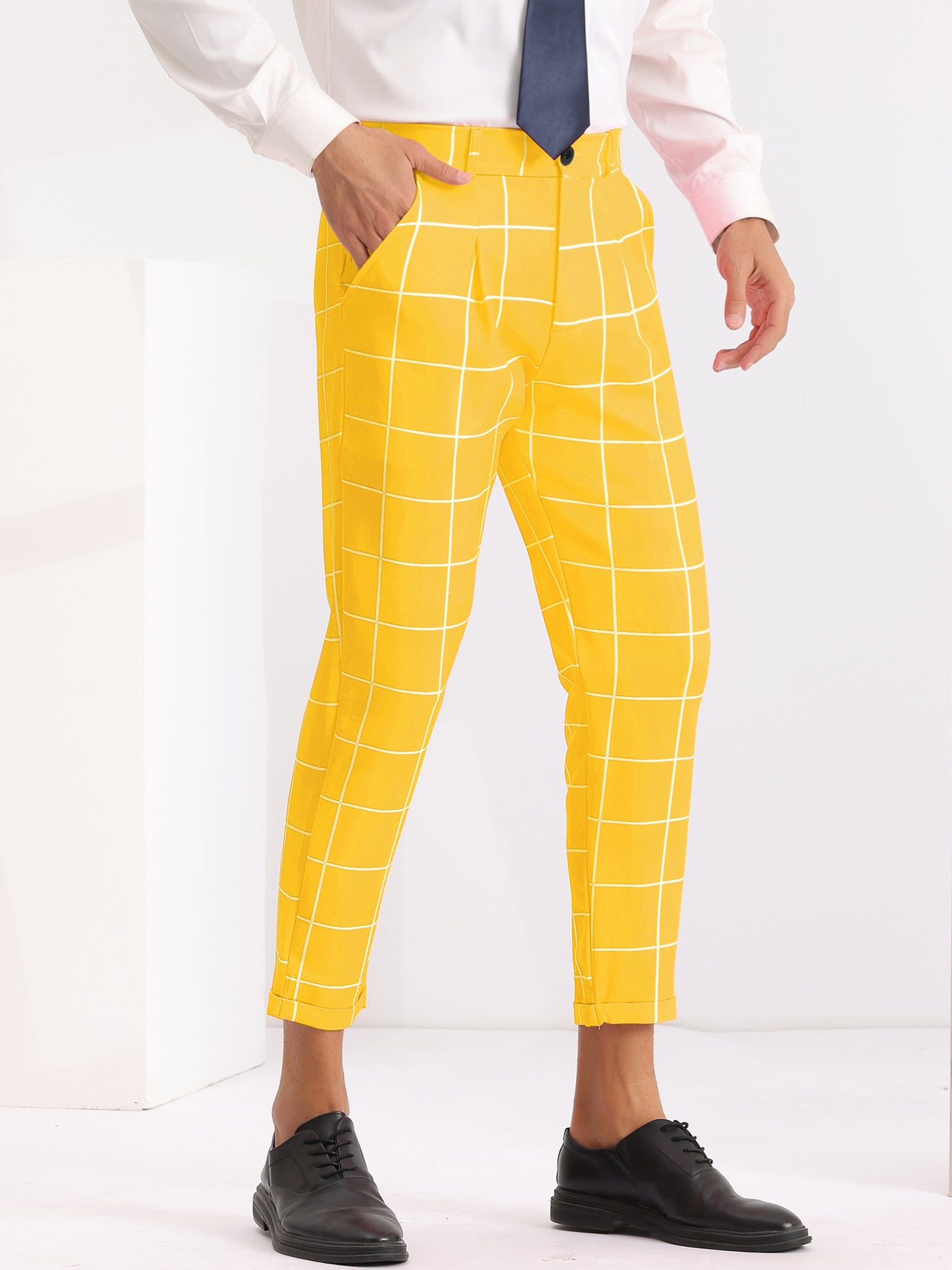 Bublédon Plaid Printed Pants for Men's Flat Front Colorful Checked Cropped Dress Trousers