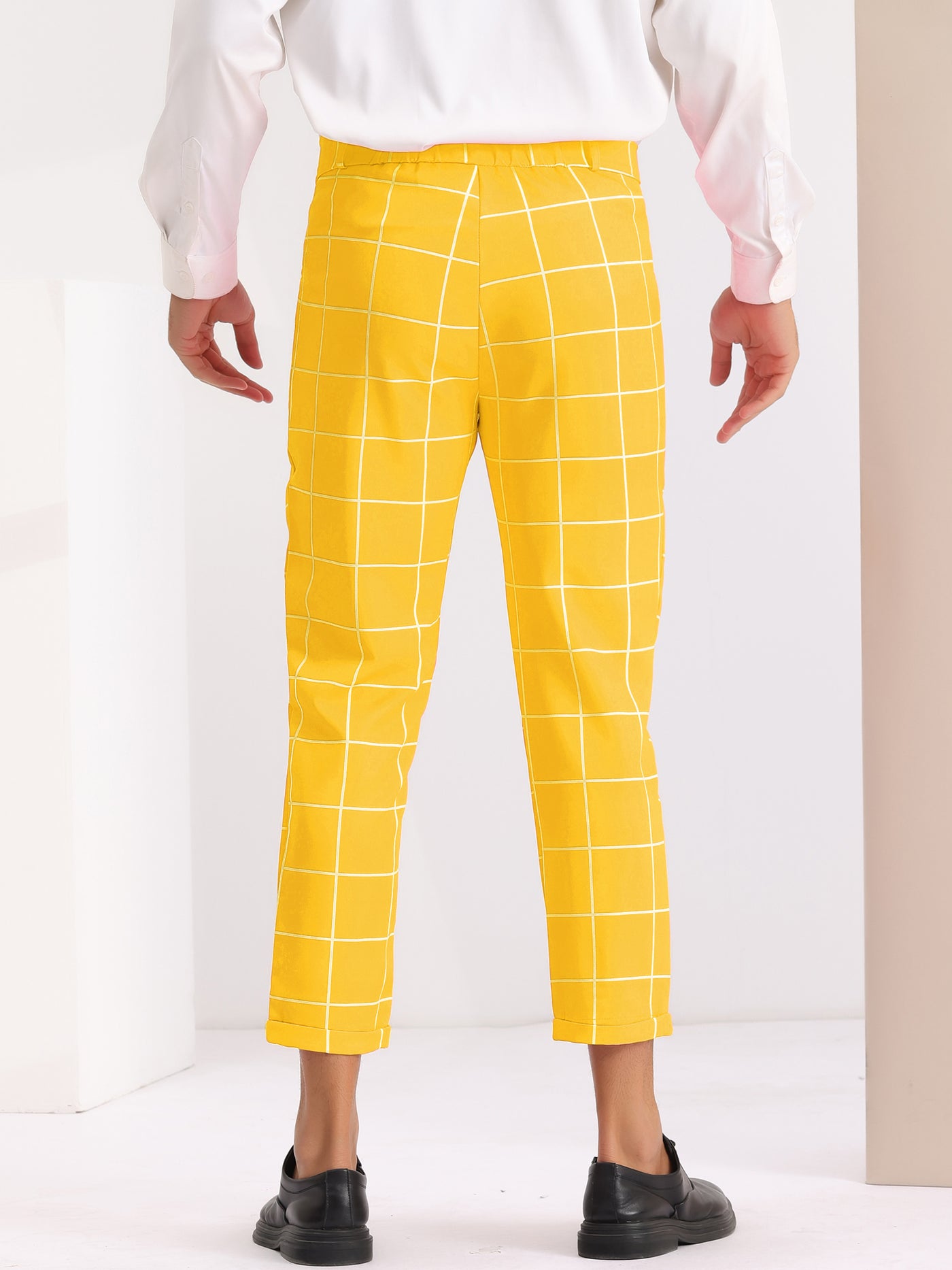 Bublédon Plaid Printed Pants for Men's Flat Front Colorful Checked Cropped Dress Trousers