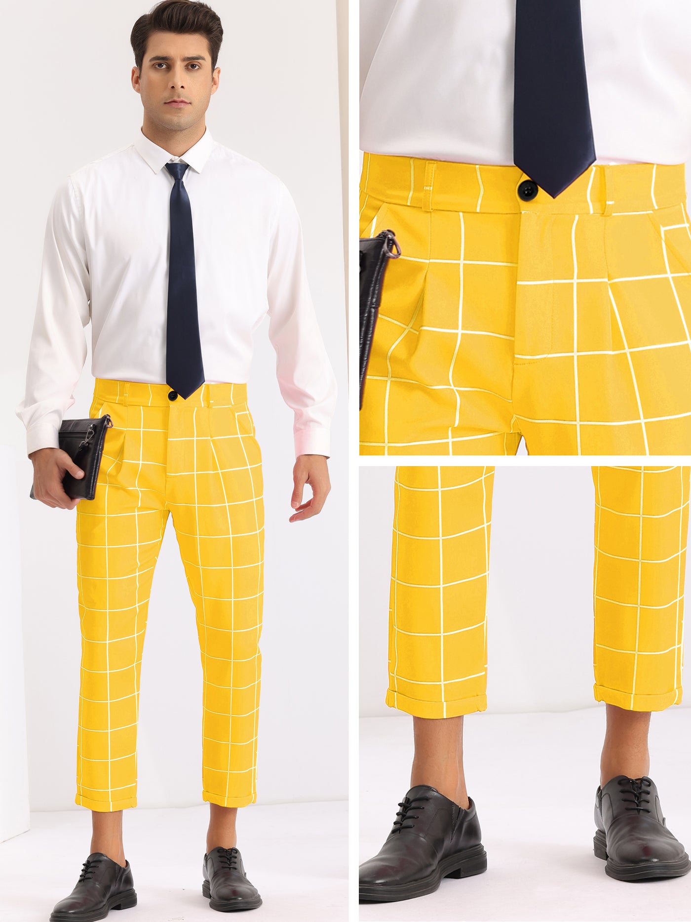 Bublédon Plaid Printed Pants for Men's Flat Front Colorful Checked Cropped Dress Trousers