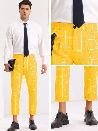 Plaid Printed Pants for Men's Flat Front Colorful Checked Cropped Dress Trousers