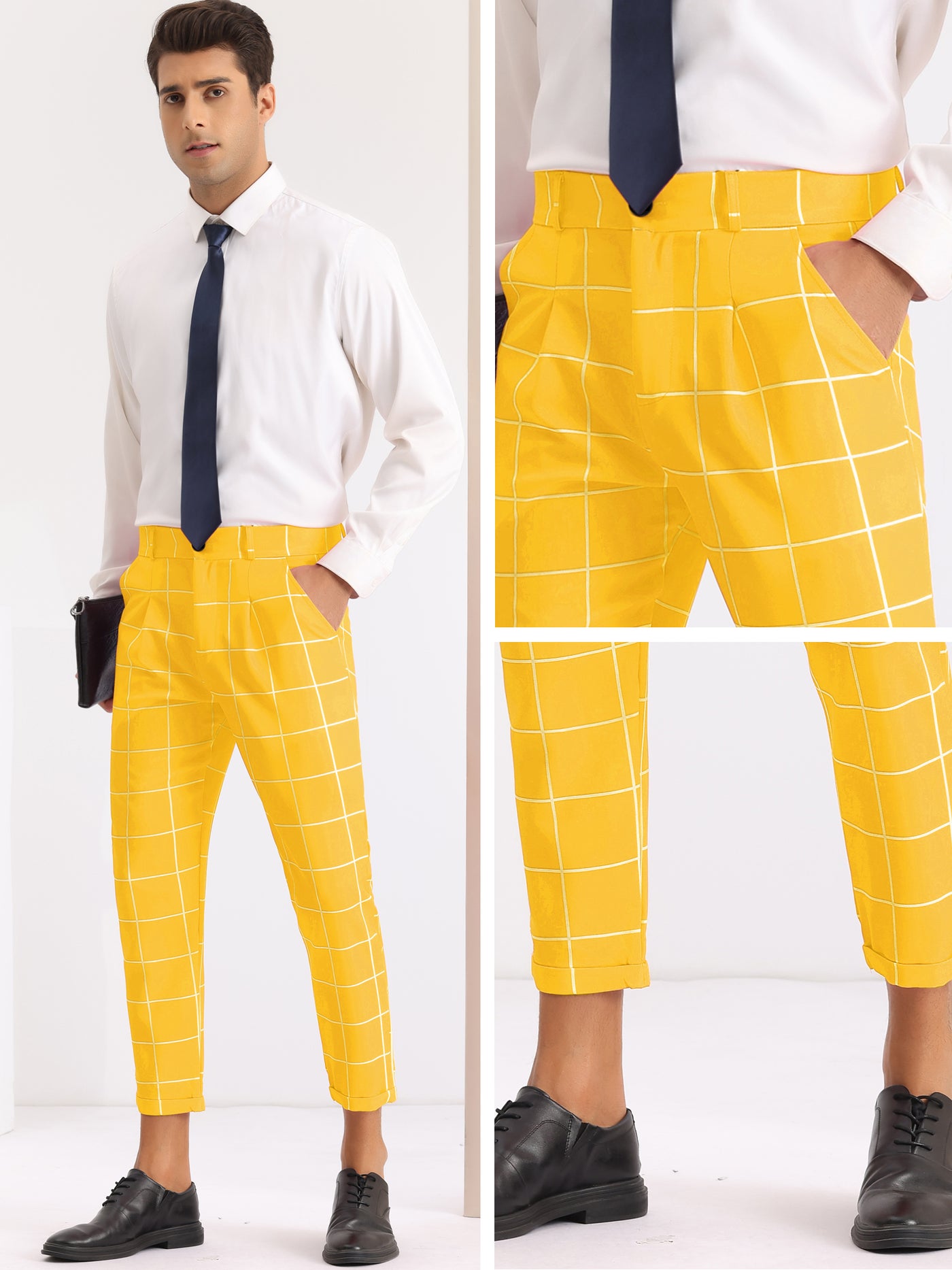 Bublédon Plaid Printed Pants for Men's Flat Front Colorful Checked Cropped Dress Trousers