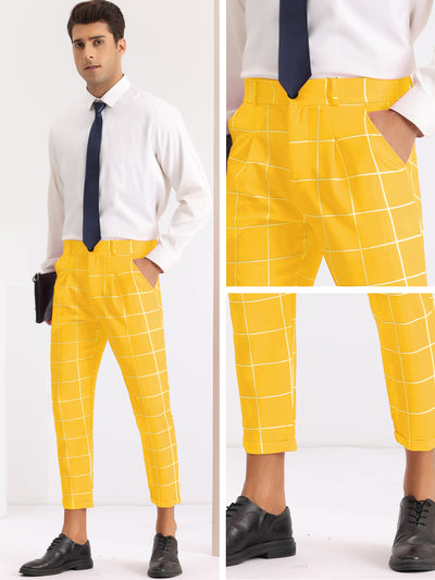 Plaid Printed Pants for Men's Flat Front Colorful Checked Cropped Dress Trousers