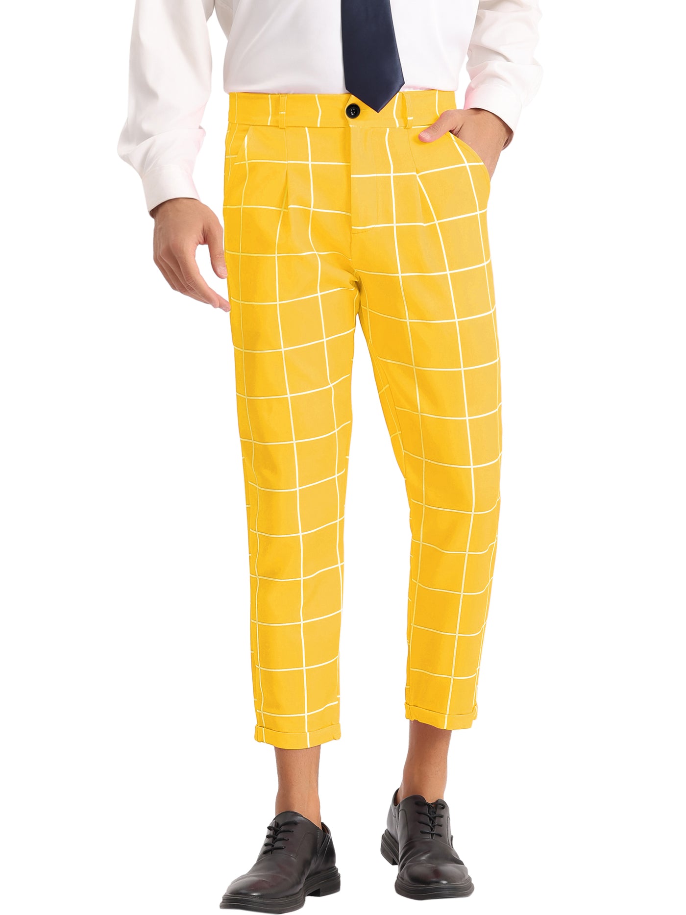 Bublédon Plaid Printed Pants for Men's Flat Front Colorful Checked Cropped Dress Trousers