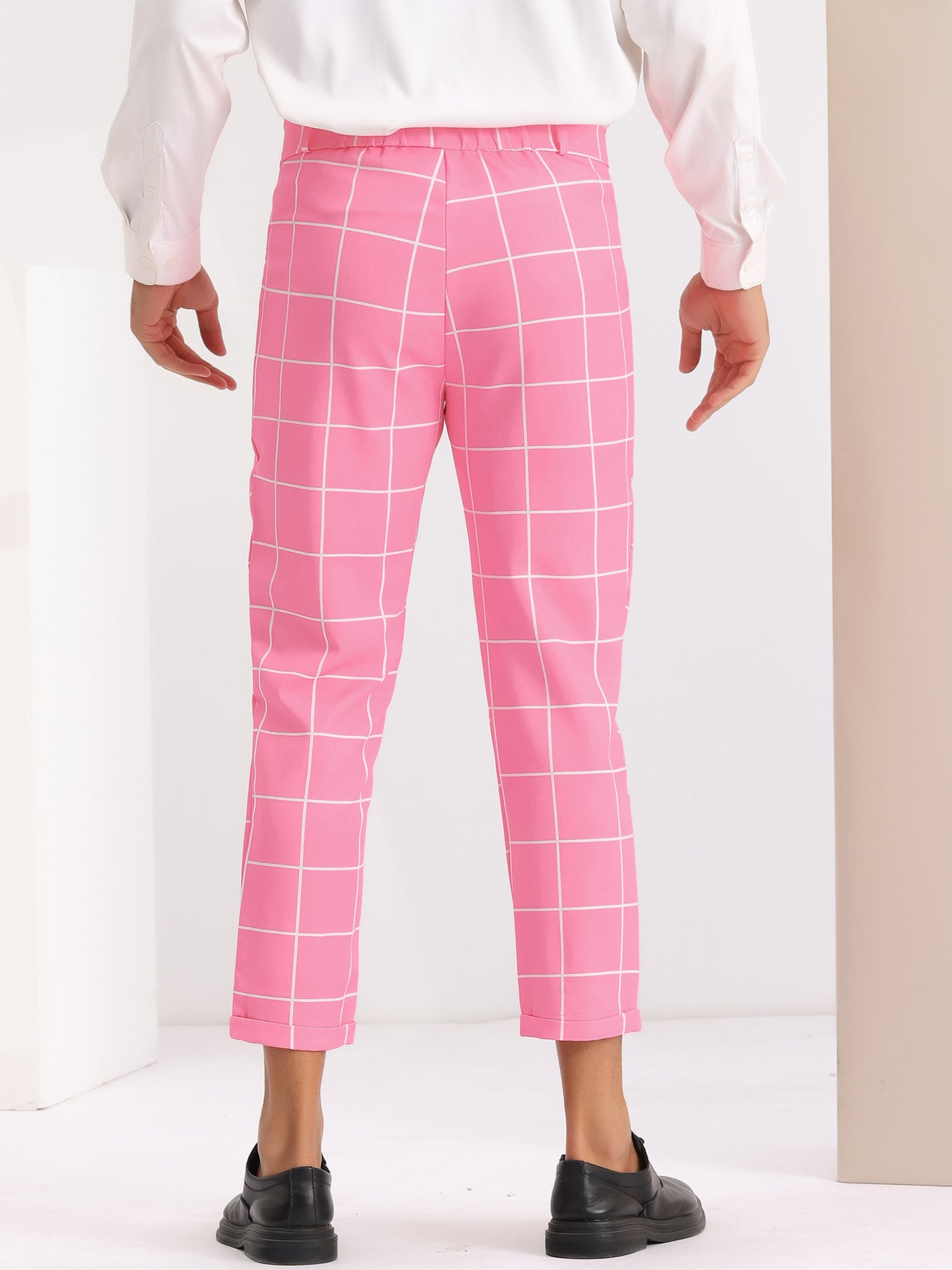 Bublédon Plaid Printed Pants for Men's Flat Front Colorful Checked Cropped Dress Trousers