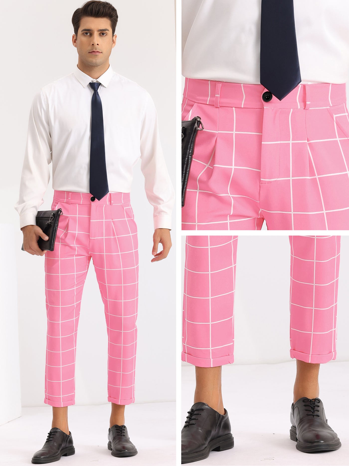 Bublédon Plaid Printed Pants for Men's Flat Front Colorful Checked Cropped Dress Trousers