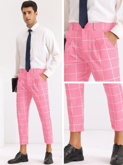 Plaid Printed Pants for Men's Flat Front Colorful Checked Cropped Dress Trousers