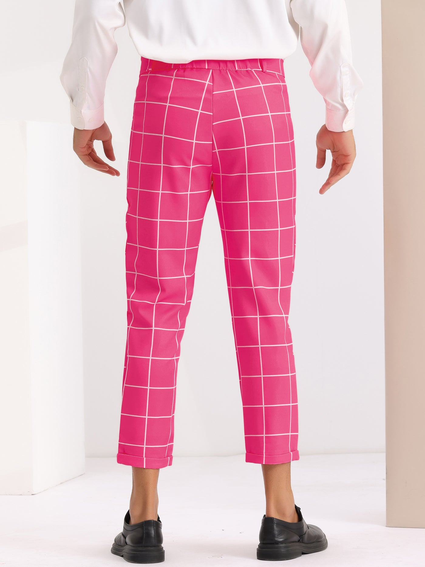 Bublédon Plaid Printed Pants for Men's Flat Front Colorful Checked Cropped Dress Trousers