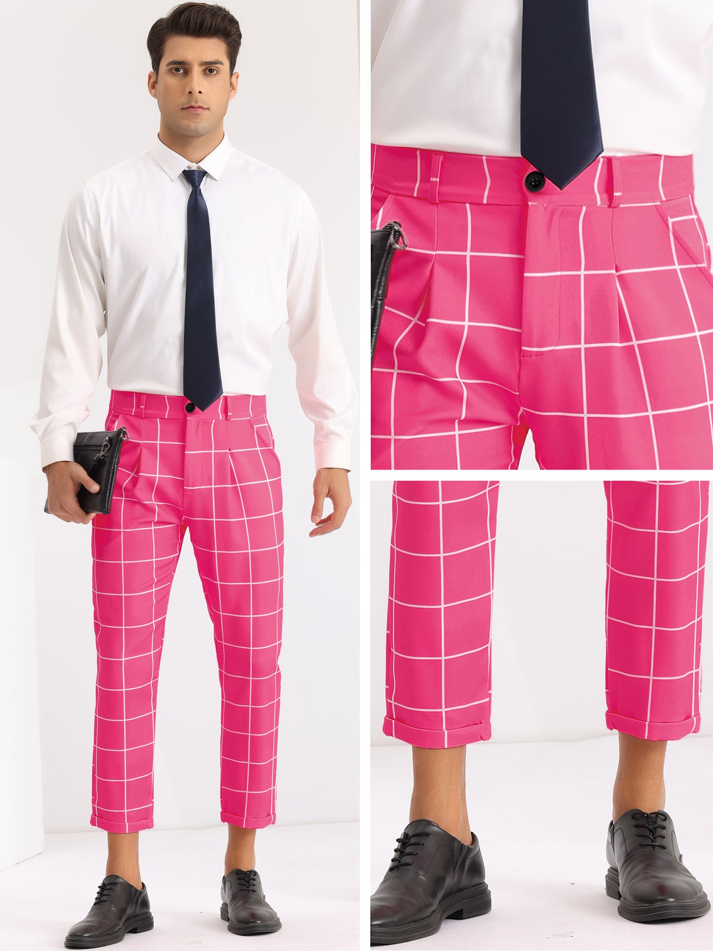 Bublédon Plaid Printed Pants for Men's Flat Front Colorful Checked Cropped Dress Trousers