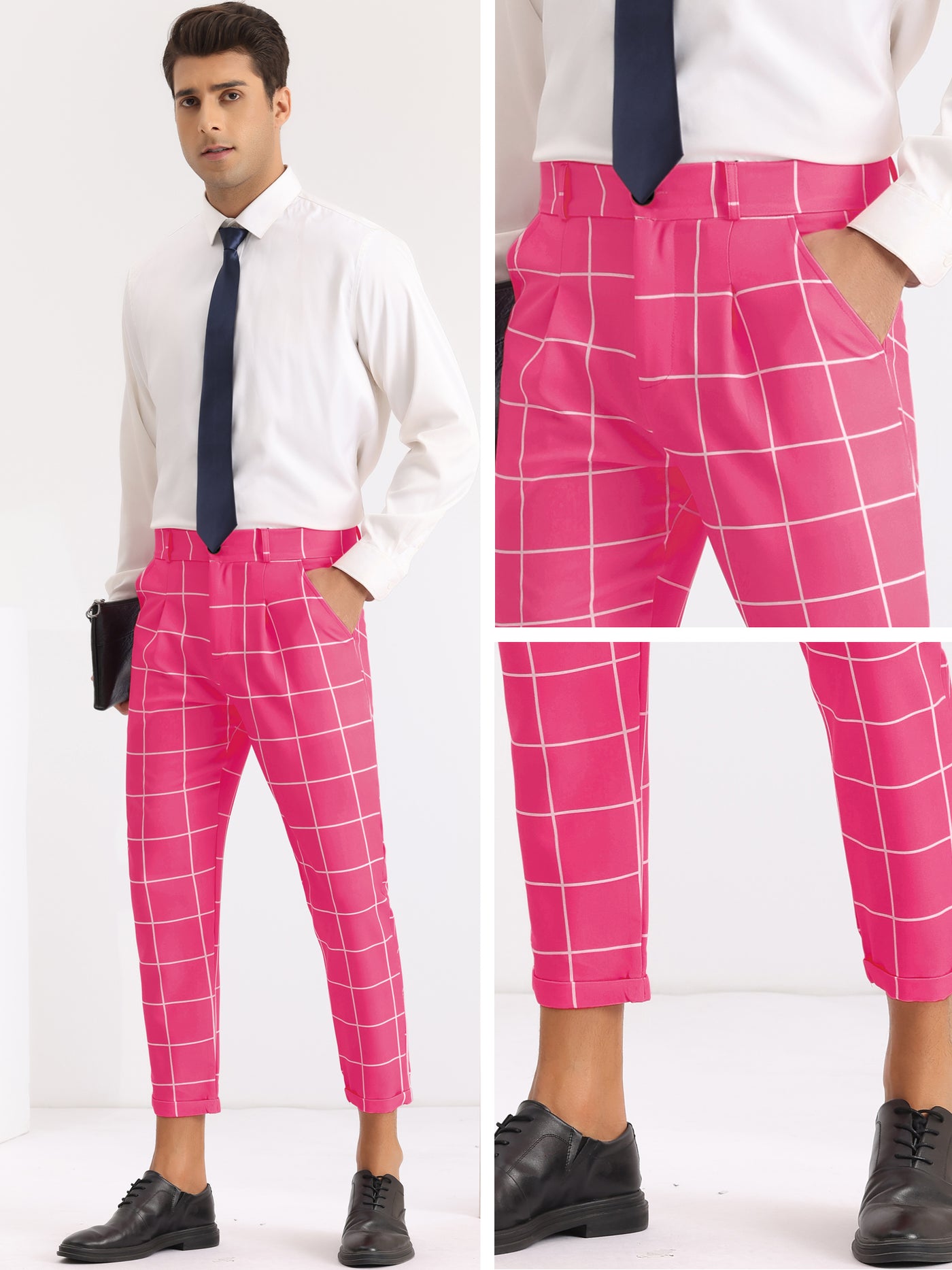 Bublédon Plaid Printed Pants for Men's Flat Front Colorful Checked Cropped Dress Trousers