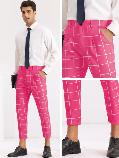 Plaid Printed Pants for Men's Flat Front Colorful Checked Cropped Dress Trousers