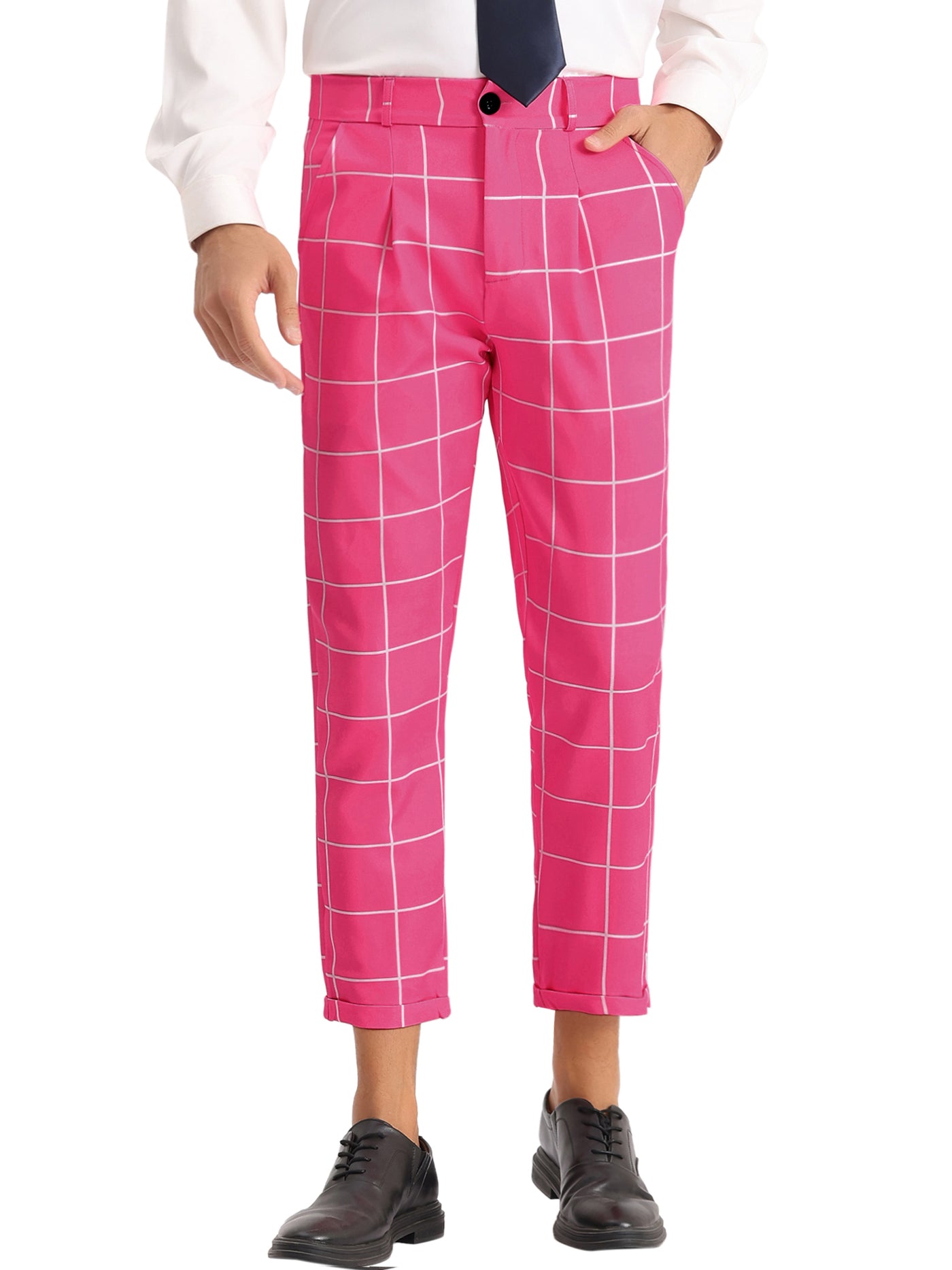 Bublédon Plaid Printed Pants for Men's Flat Front Colorful Checked Cropped Dress Trousers