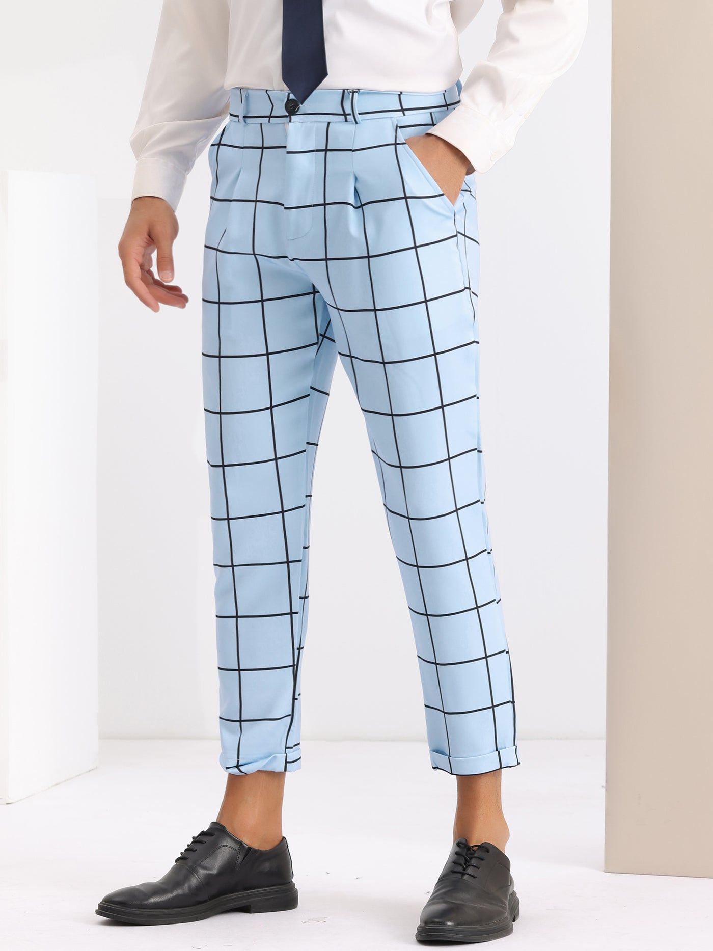 Bublédon Plaid Printed Pants for Men's Flat Front Colorful Checked Cropped Dress Trousers