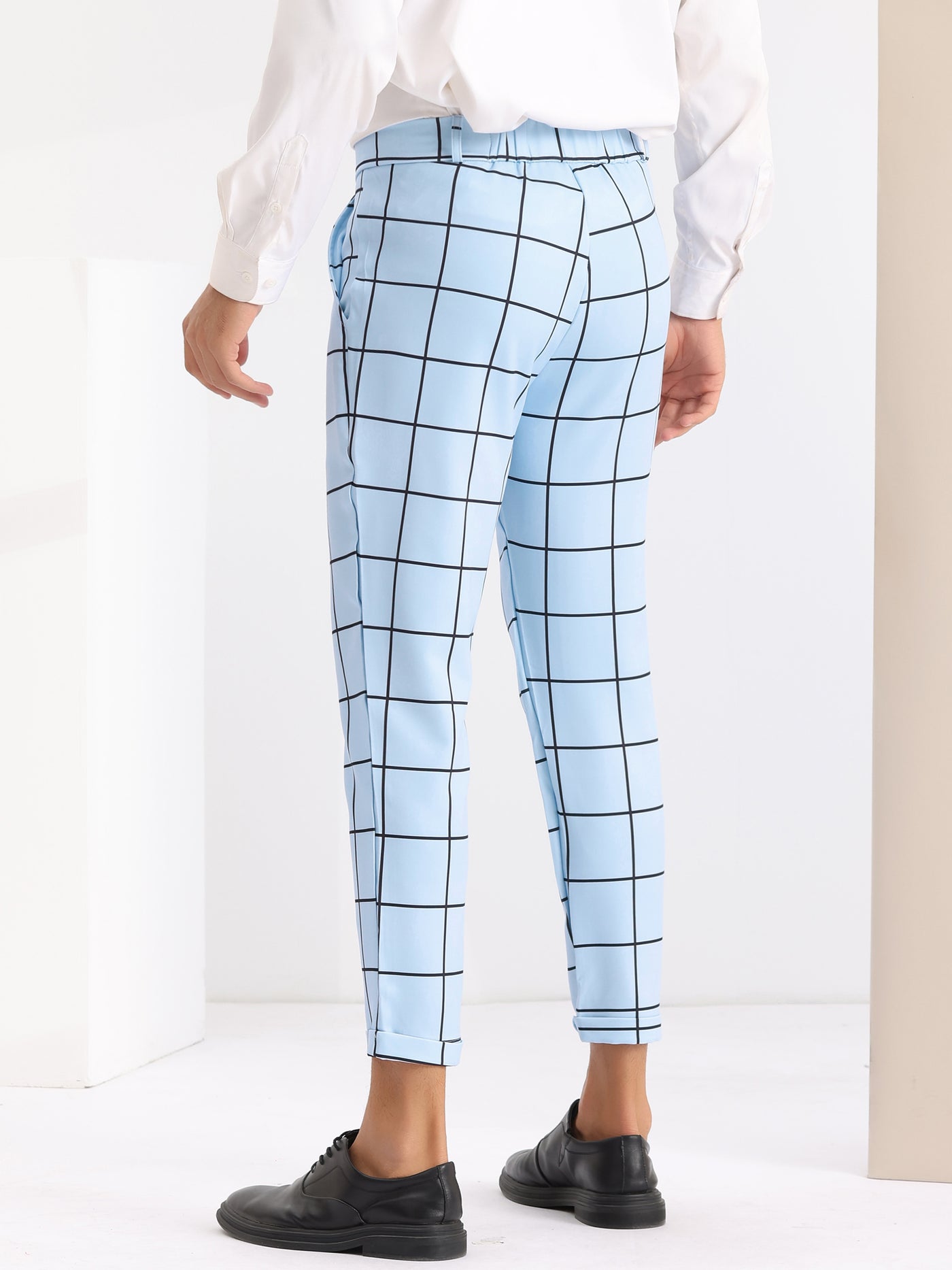 Bublédon Plaid Printed Pants for Men's Flat Front Colorful Checked Cropped Dress Trousers