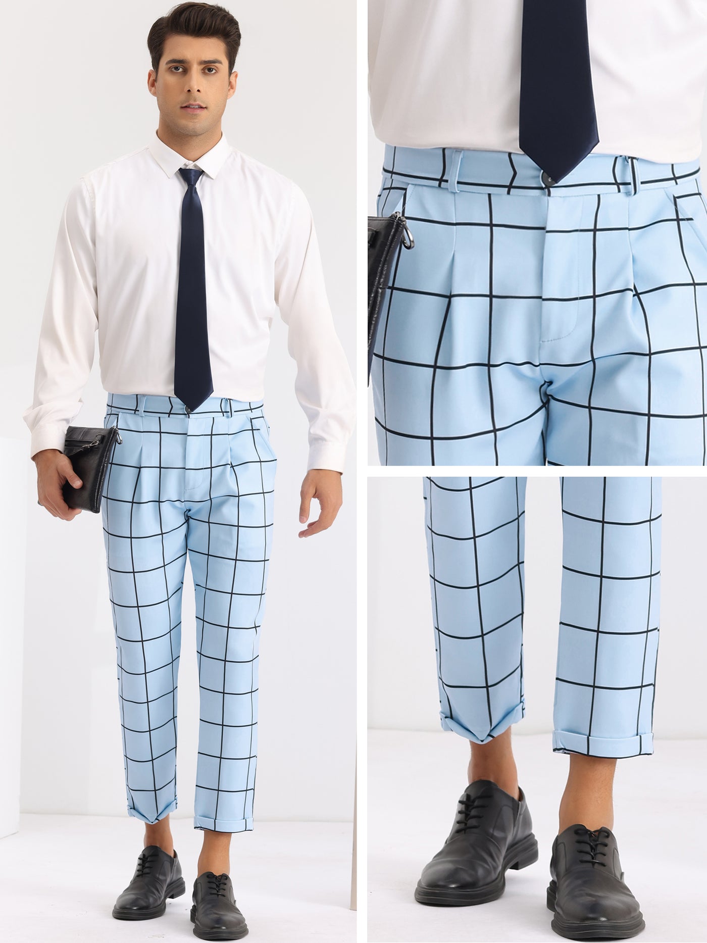 Bublédon Plaid Printed Pants for Men's Flat Front Colorful Checked Cropped Dress Trousers