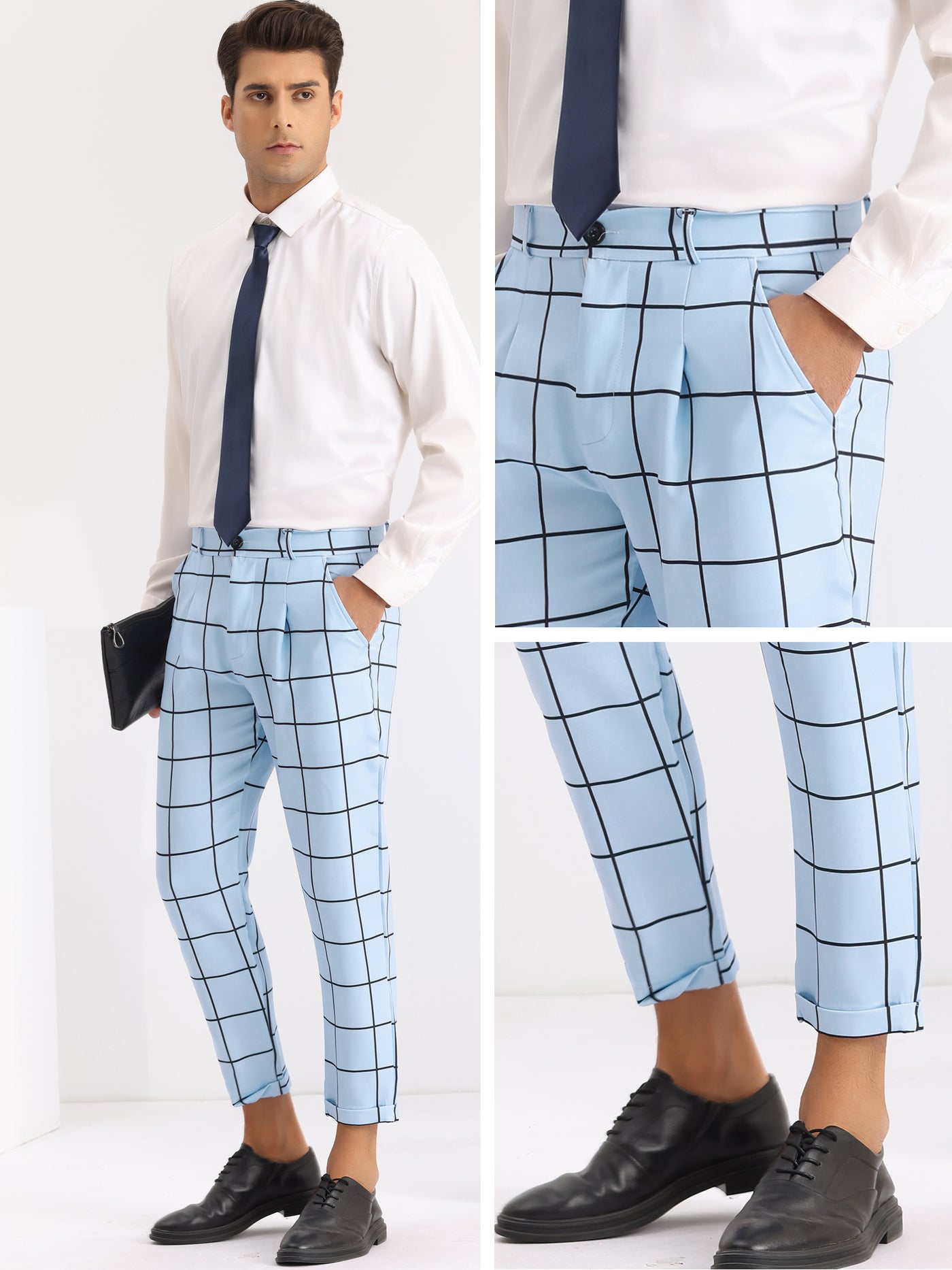 Bublédon Plaid Printed Pants for Men's Flat Front Colorful Checked Cropped Dress Trousers