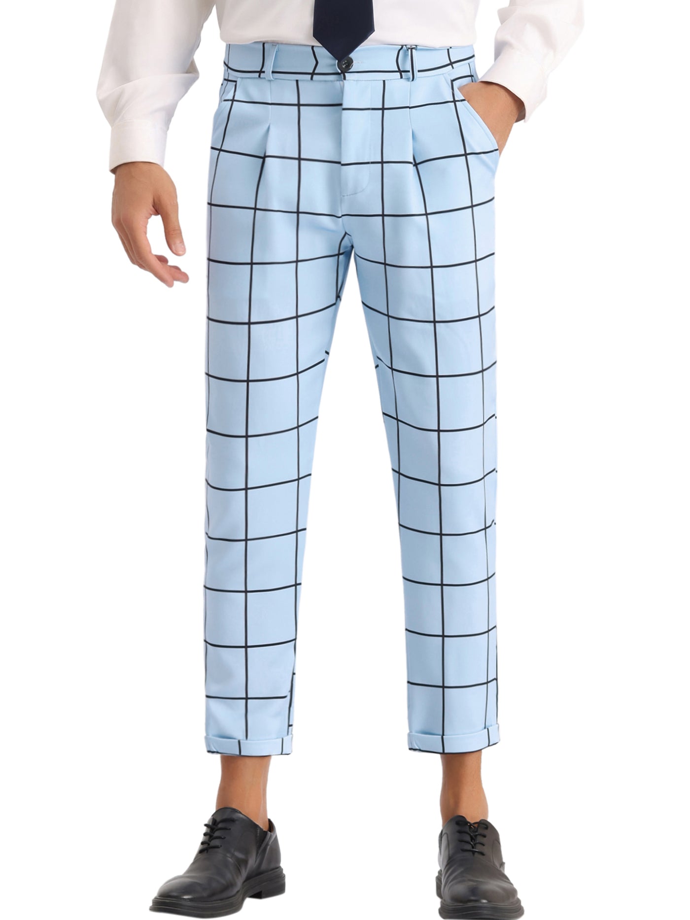 Bublédon Plaid Printed Pants for Men's Flat Front Colorful Checked Cropped Dress Trousers