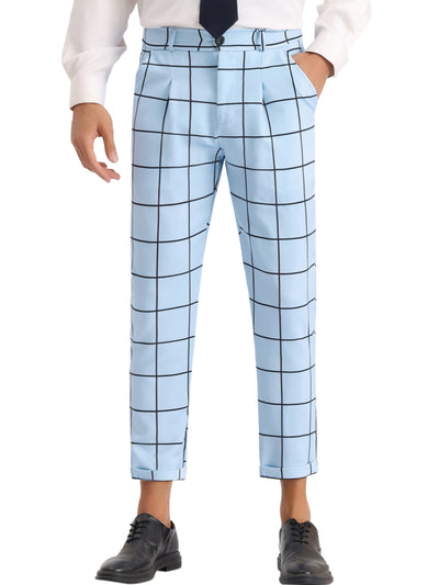 Plaid Printed Pants for Men's Flat Front Colorful Checked Cropped Dress Trousers