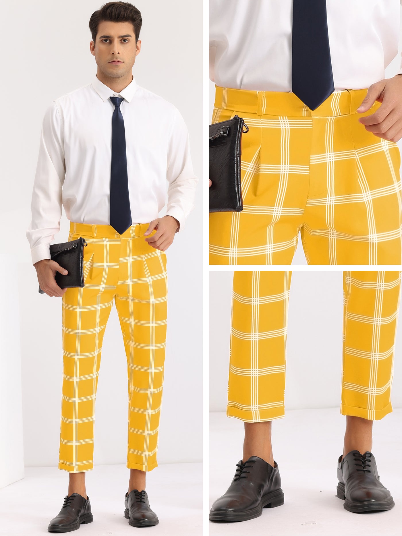 Bublédon Plaid Print Pants for Men's Flat Front Colorful Ankle Length Cropped Dress Trousers