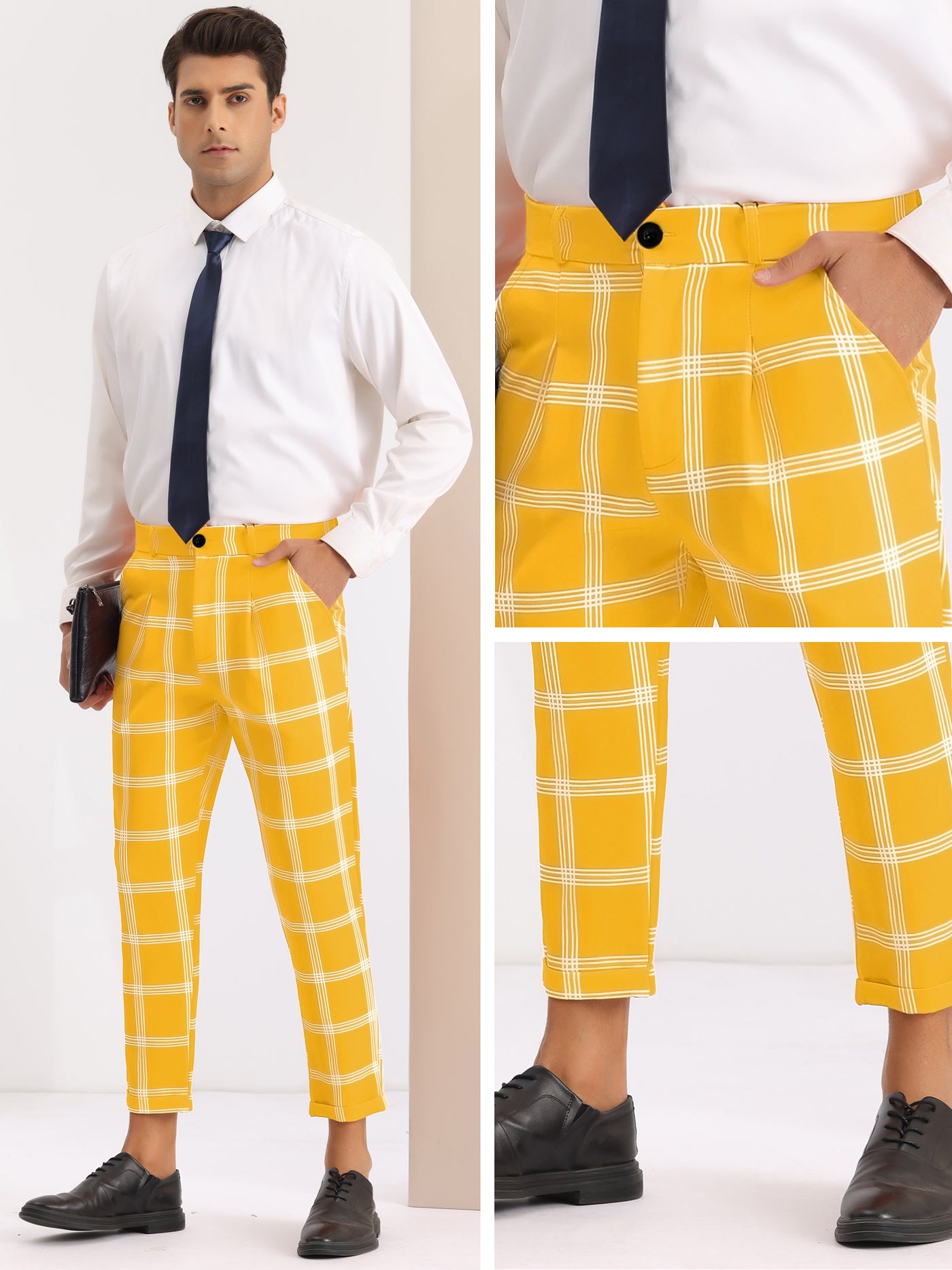 Bublédon Plaid Print Pants for Men's Flat Front Colorful Ankle Length Cropped Dress Trousers