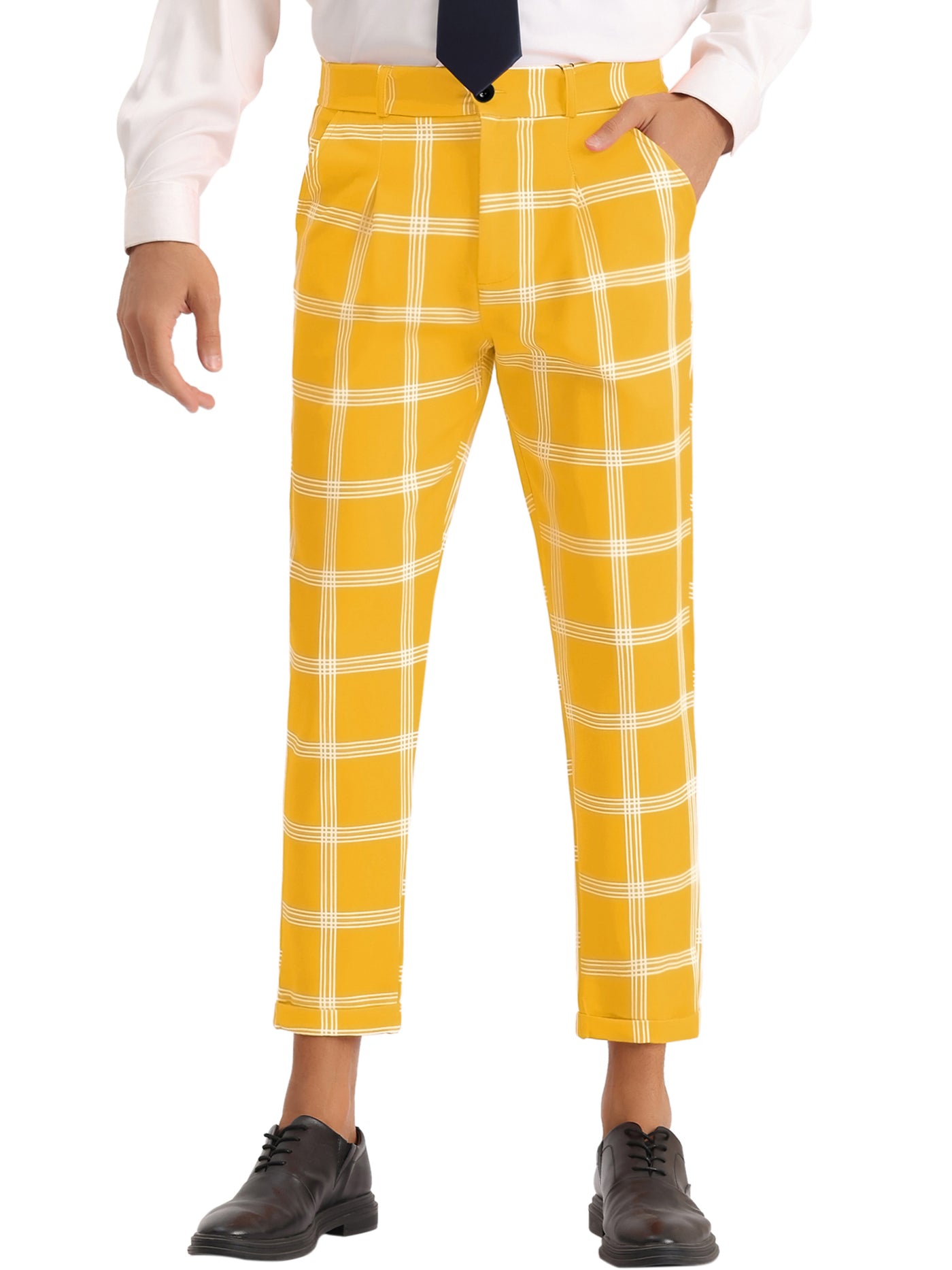 Bublédon Plaid Print Pants for Men's Flat Front Colorful Ankle Length Cropped Dress Trousers