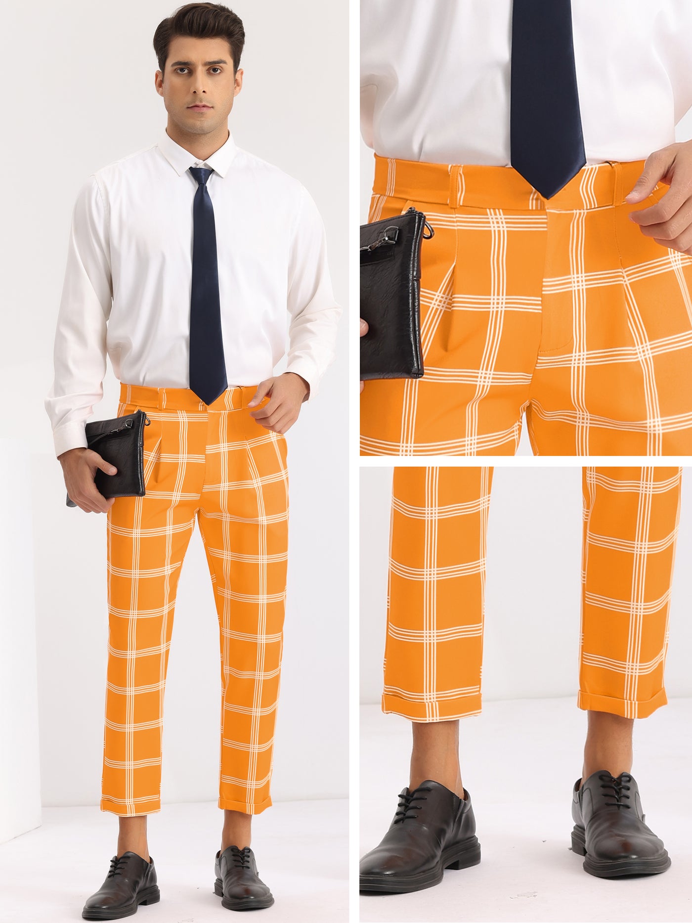 Bublédon Plaid Print Pants for Men's Flat Front Colorful Ankle Length Cropped Dress Trousers