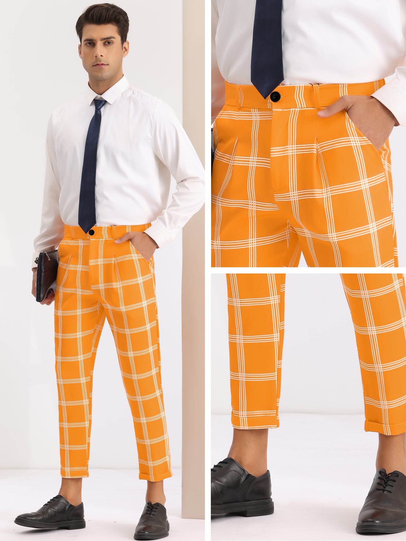 Bublédon Plaid Print Pants for Men's Flat Front Colorful Ankle Length Cropped Dress Trousers