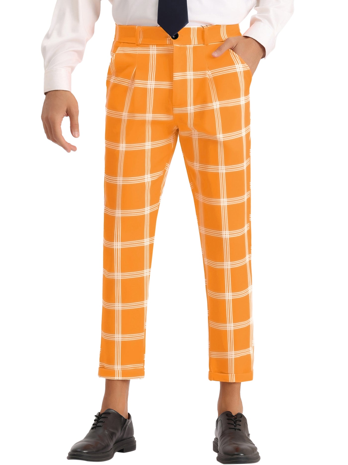 Bublédon Plaid Print Pants for Men's Flat Front Colorful Ankle Length Cropped Dress Trousers