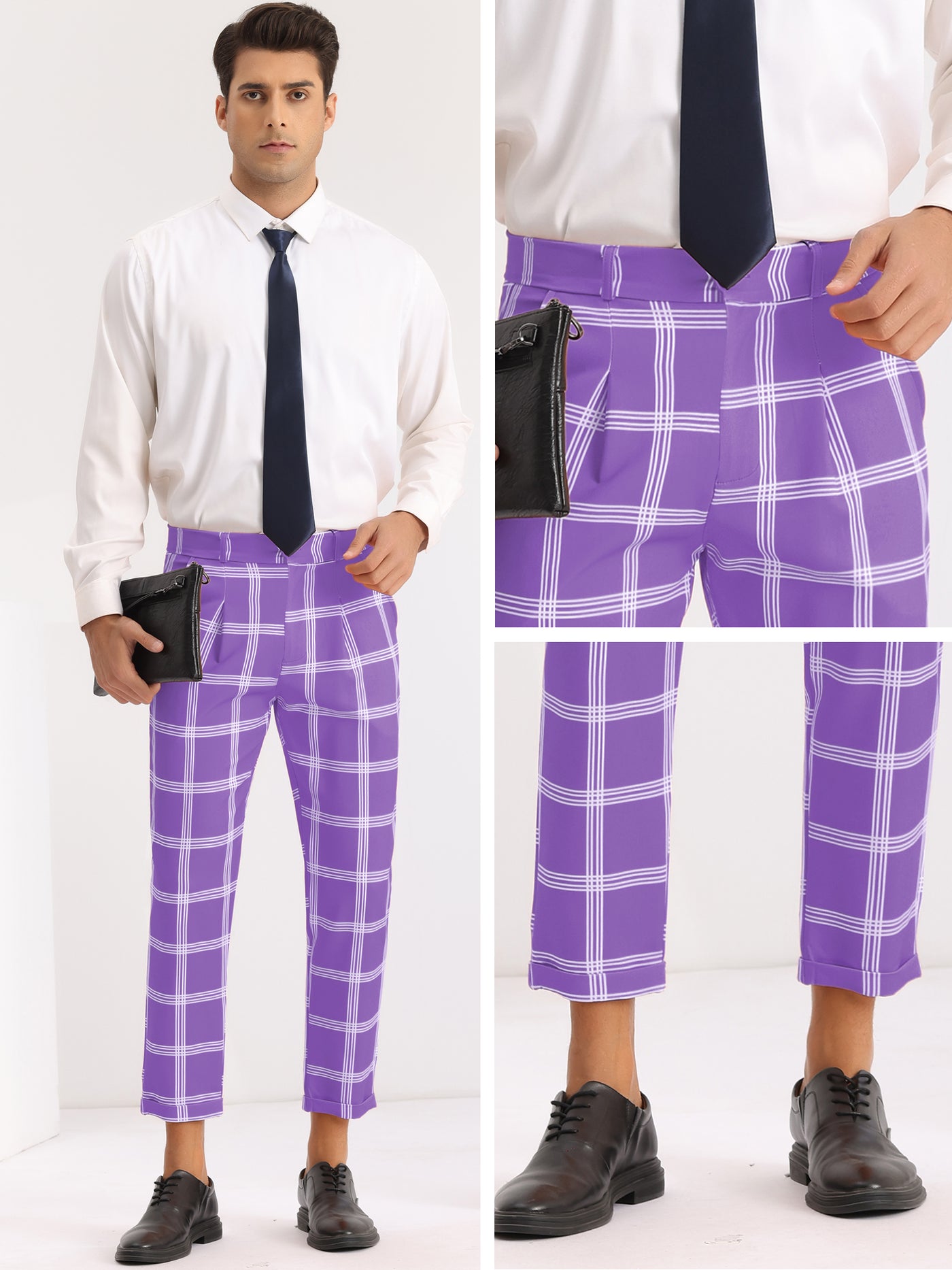 Bublédon Plaid Print Pants for Men's Flat Front Colorful Ankle Length Cropped Dress Trousers