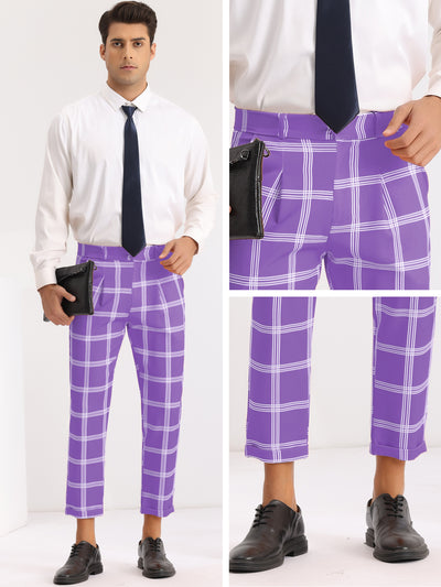 Plaid Print Pants for Men's Flat Front Colorful Ankle Length Cropped Dress Trousers