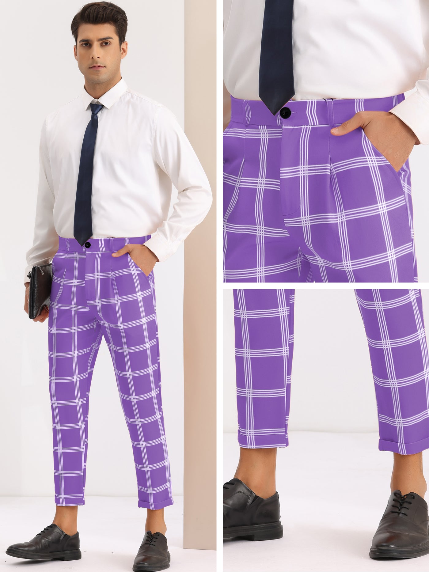 Bublédon Plaid Print Pants for Men's Flat Front Colorful Ankle Length Cropped Dress Trousers