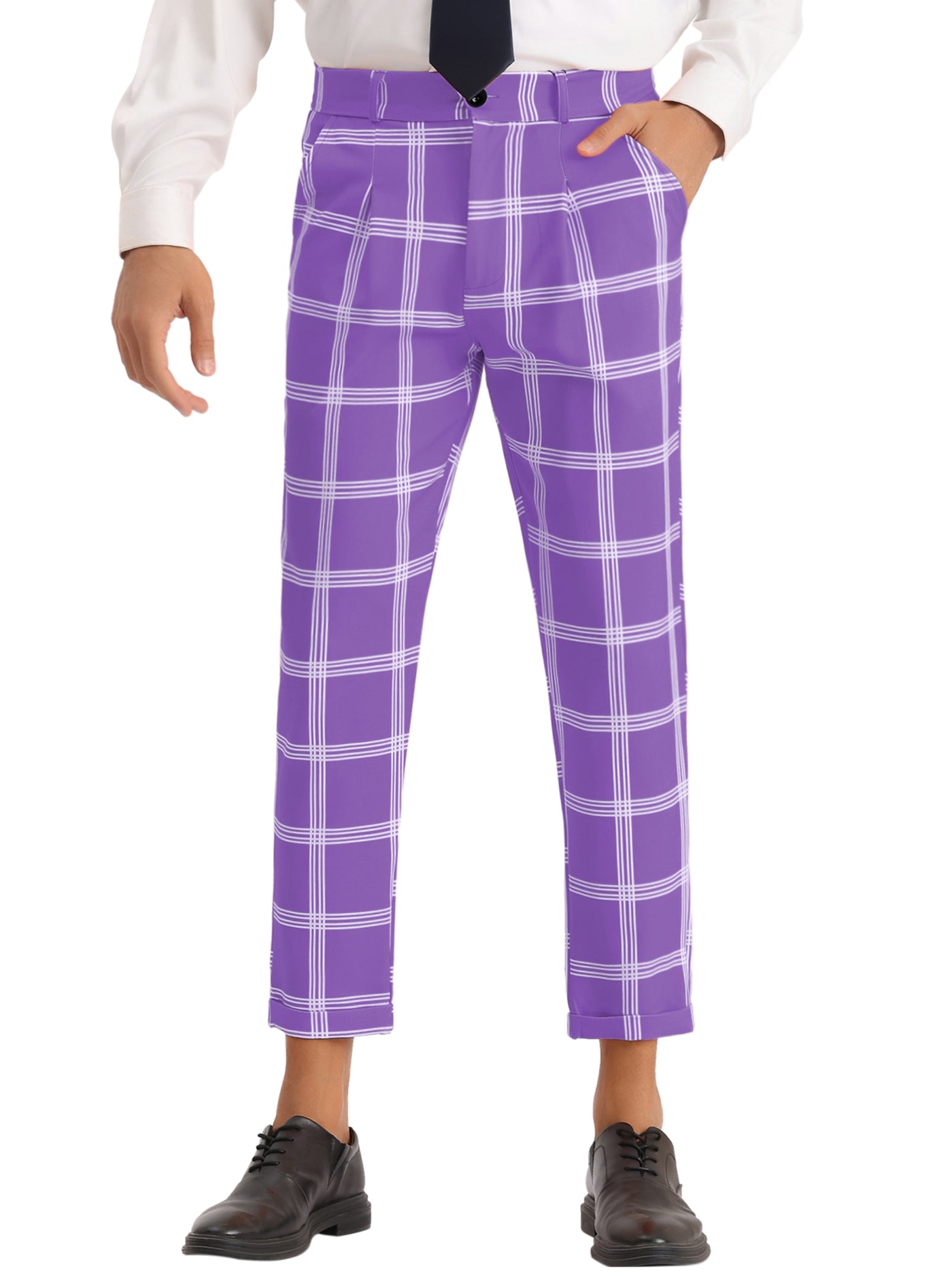 Bublédon Plaid Print Pants for Men's Flat Front Colorful Ankle Length Cropped Dress Trousers