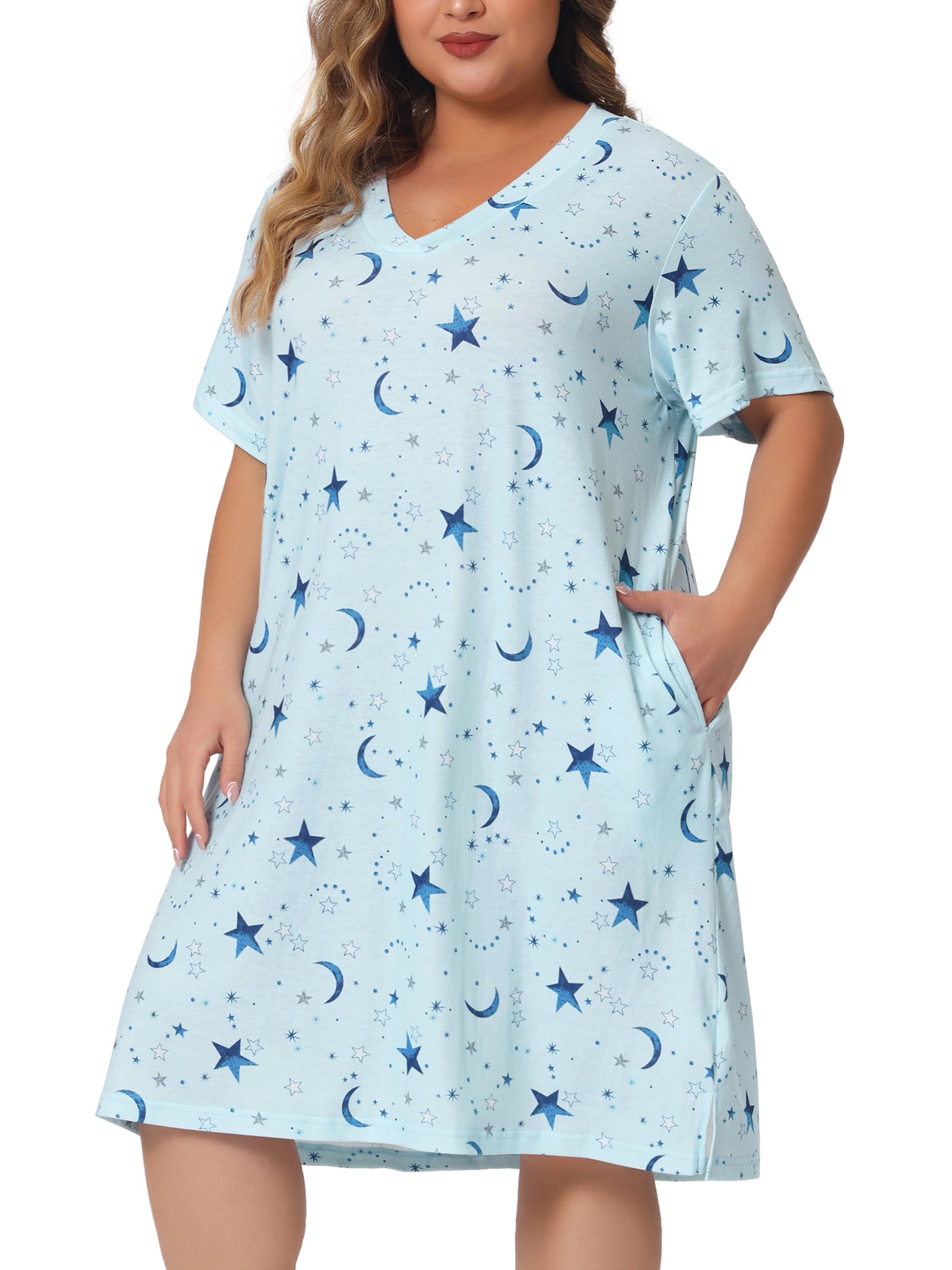 Bublédon Women's Plus Size V Neck Star Short Sleeve Sleepwear Nightdress