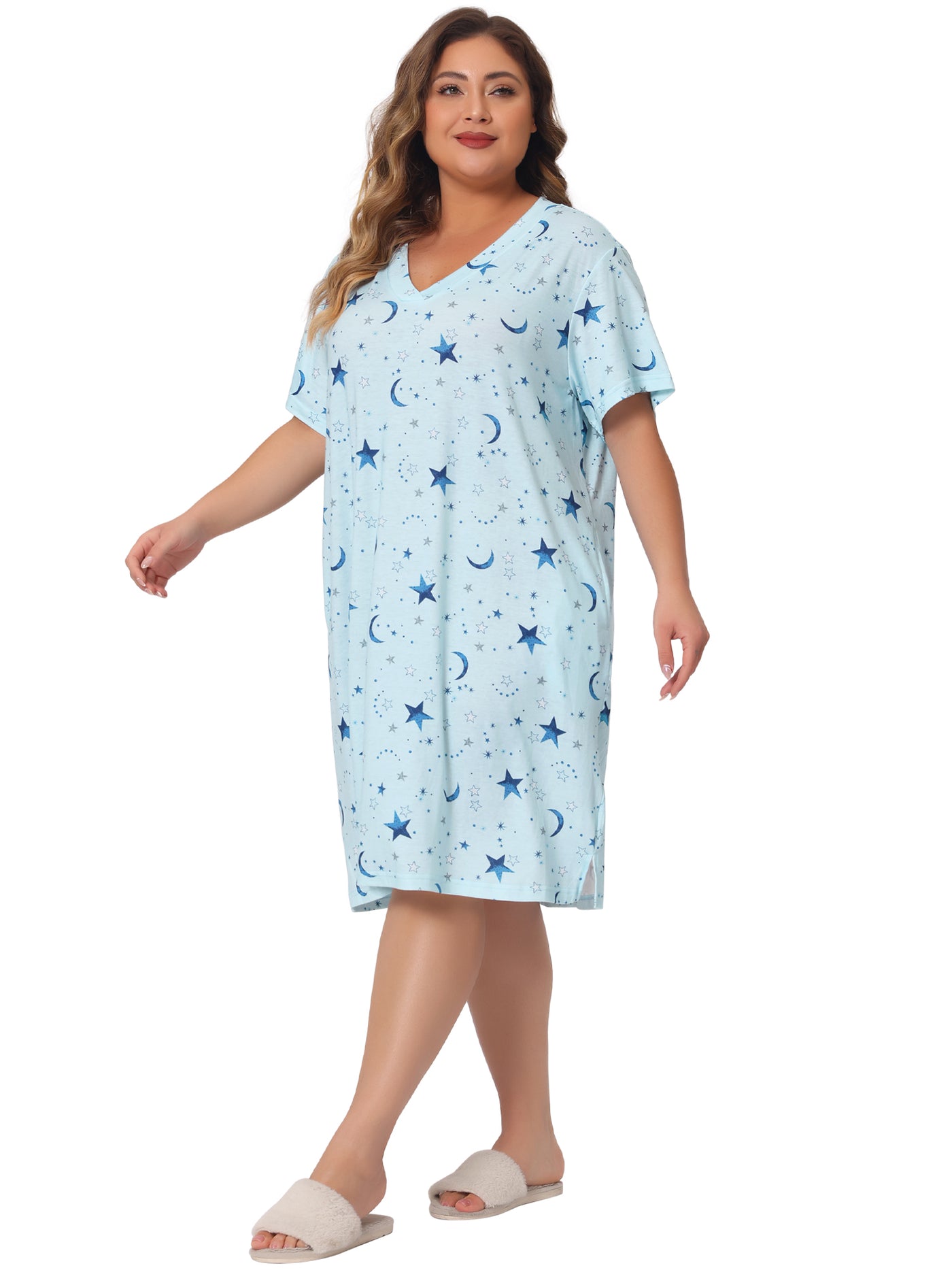 Bublédon Women's Plus Size V Neck Star Short Sleeve Sleepwear Nightdress