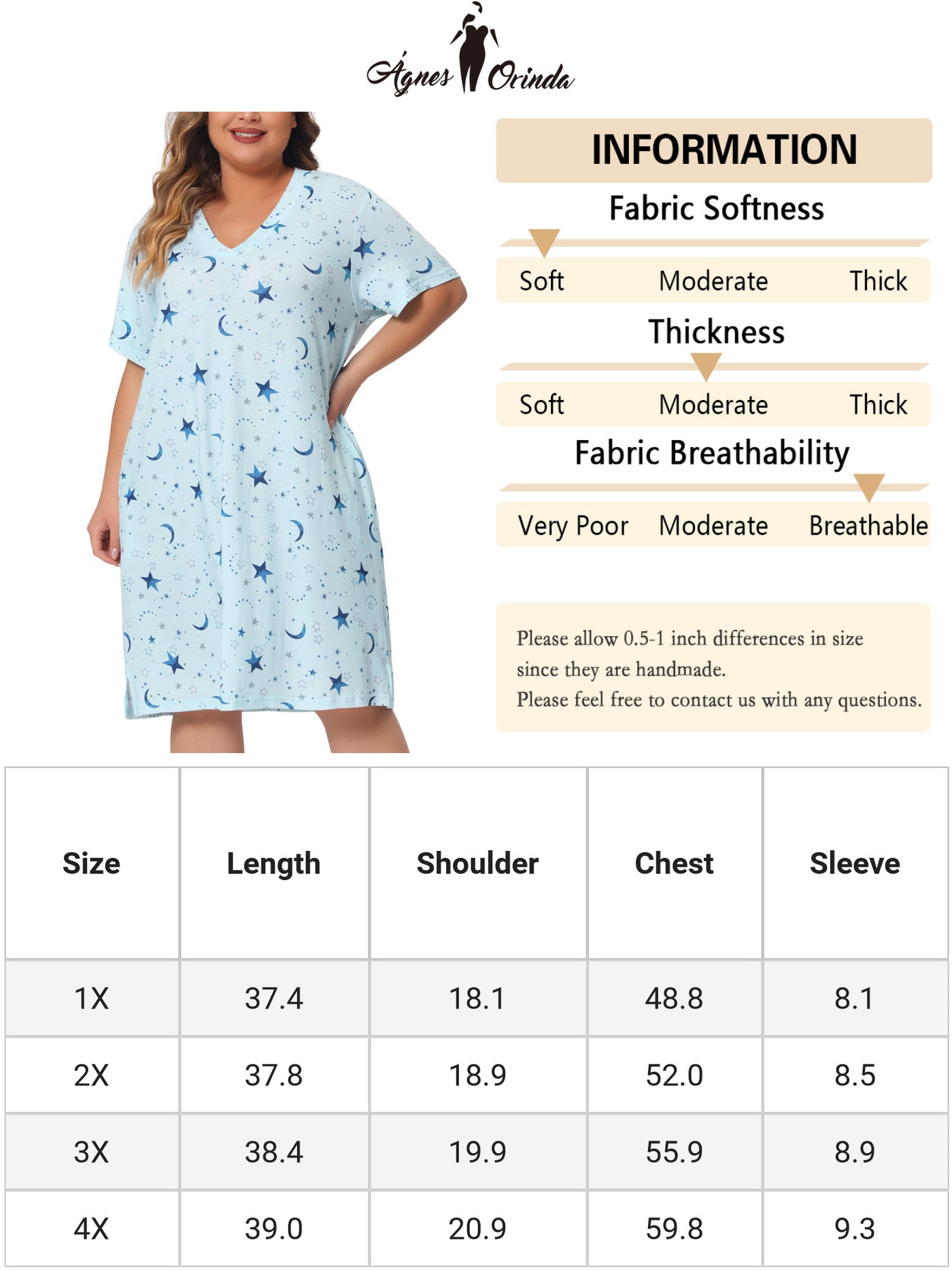 Bublédon Women's Plus Size V Neck Star Short Sleeve Sleepwear Nightdress