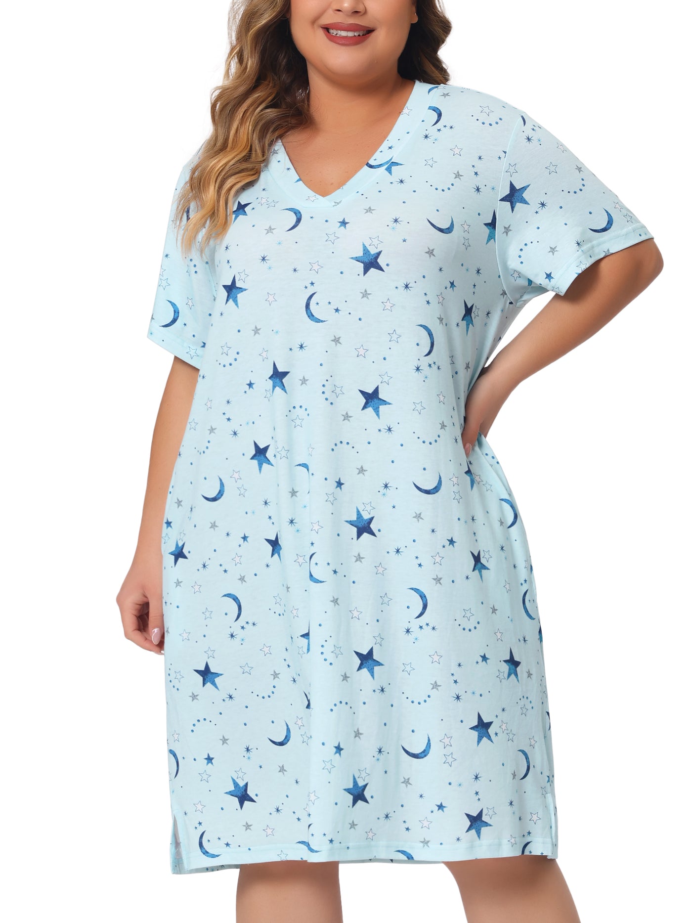 Bublédon Women's Plus Size V Neck Star Short Sleeve Sleepwear Nightdress